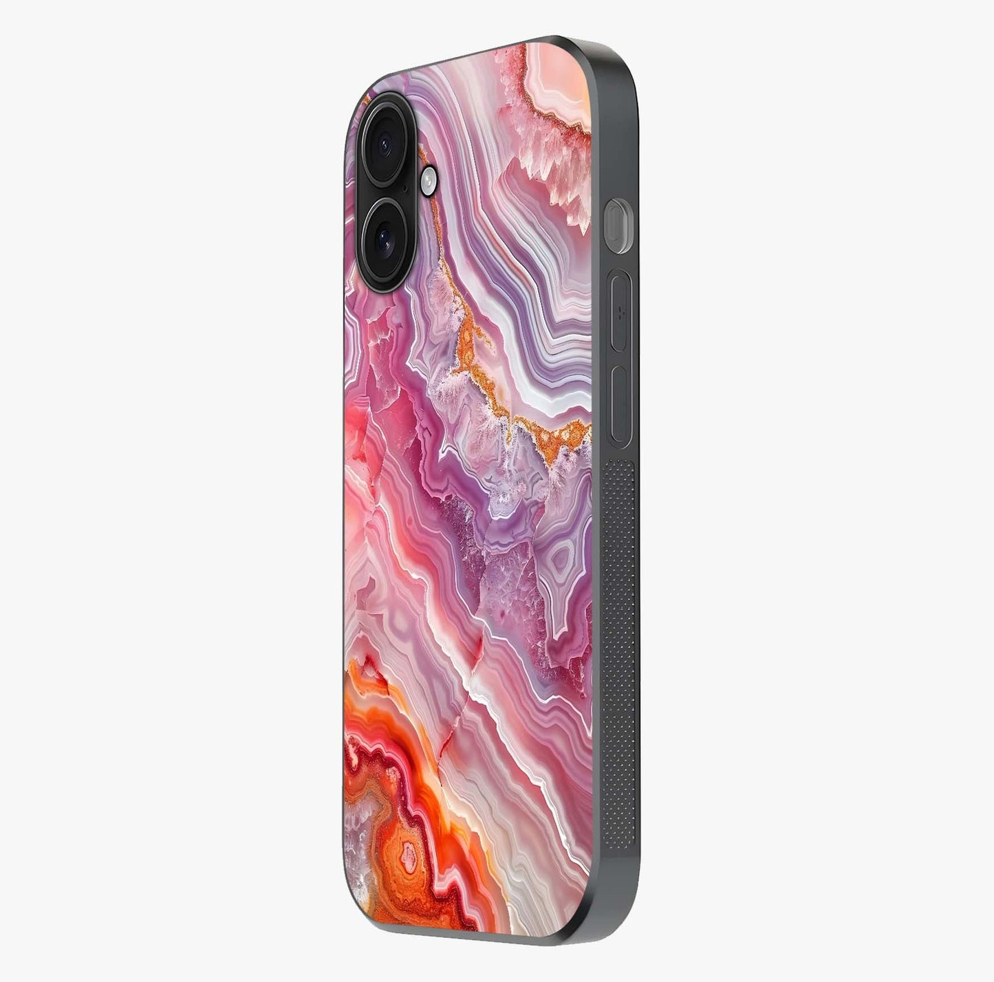 Rose Quartz Marble Glass Case photographed in natural light showing reflective finish and design depth.