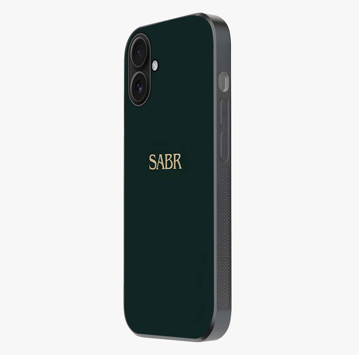 Sabr Minimal Patience Glass Case photographed in natural light showing reflective finish and design depth.