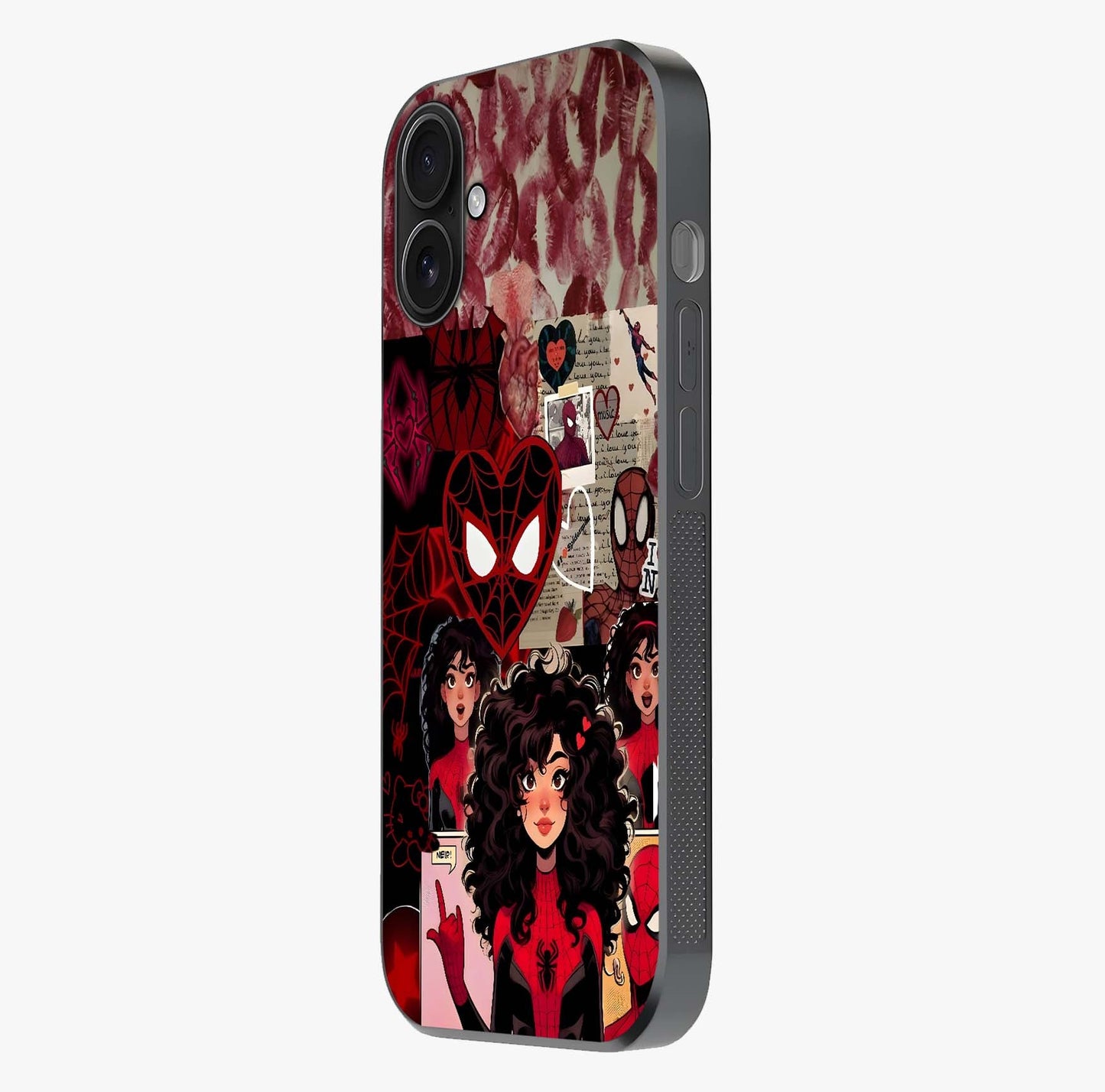 Spider Love Story Glass Case photographed in natural light showing reflective finish and design depth.