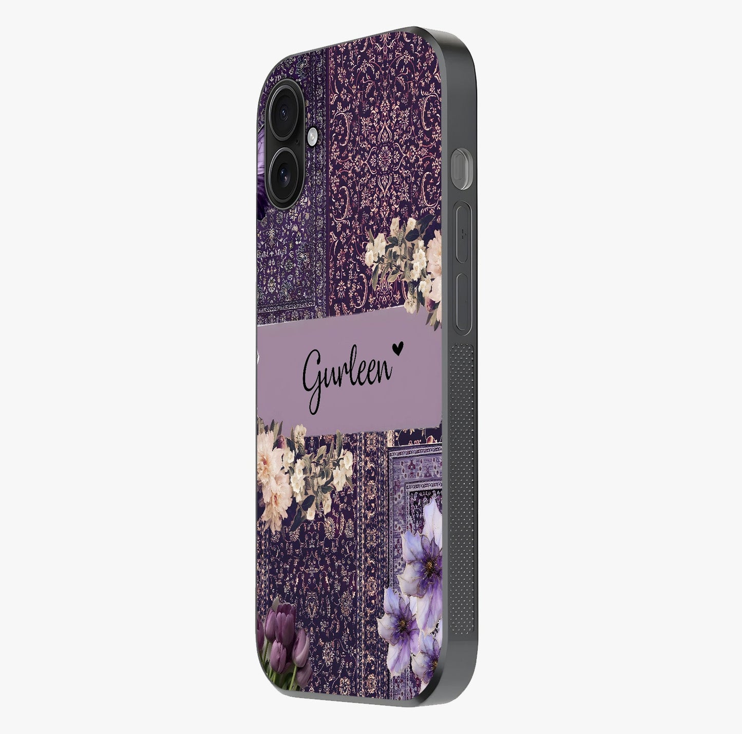 Antique Floral Whisper Custom Name Glass Case photographed in natural light showing reflective finish and design depth.