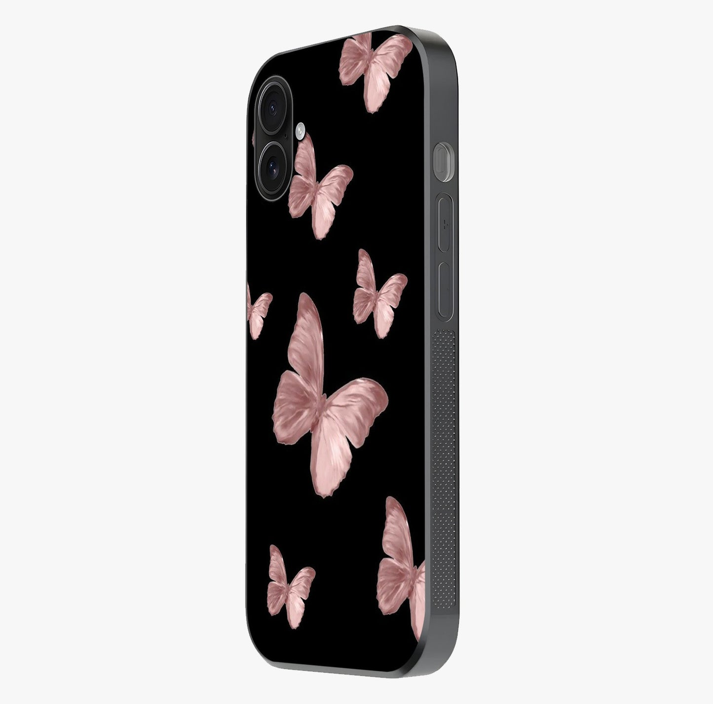 Butterfly Pattern Glass Case photographed in natural light showing reflective finish and design depth.