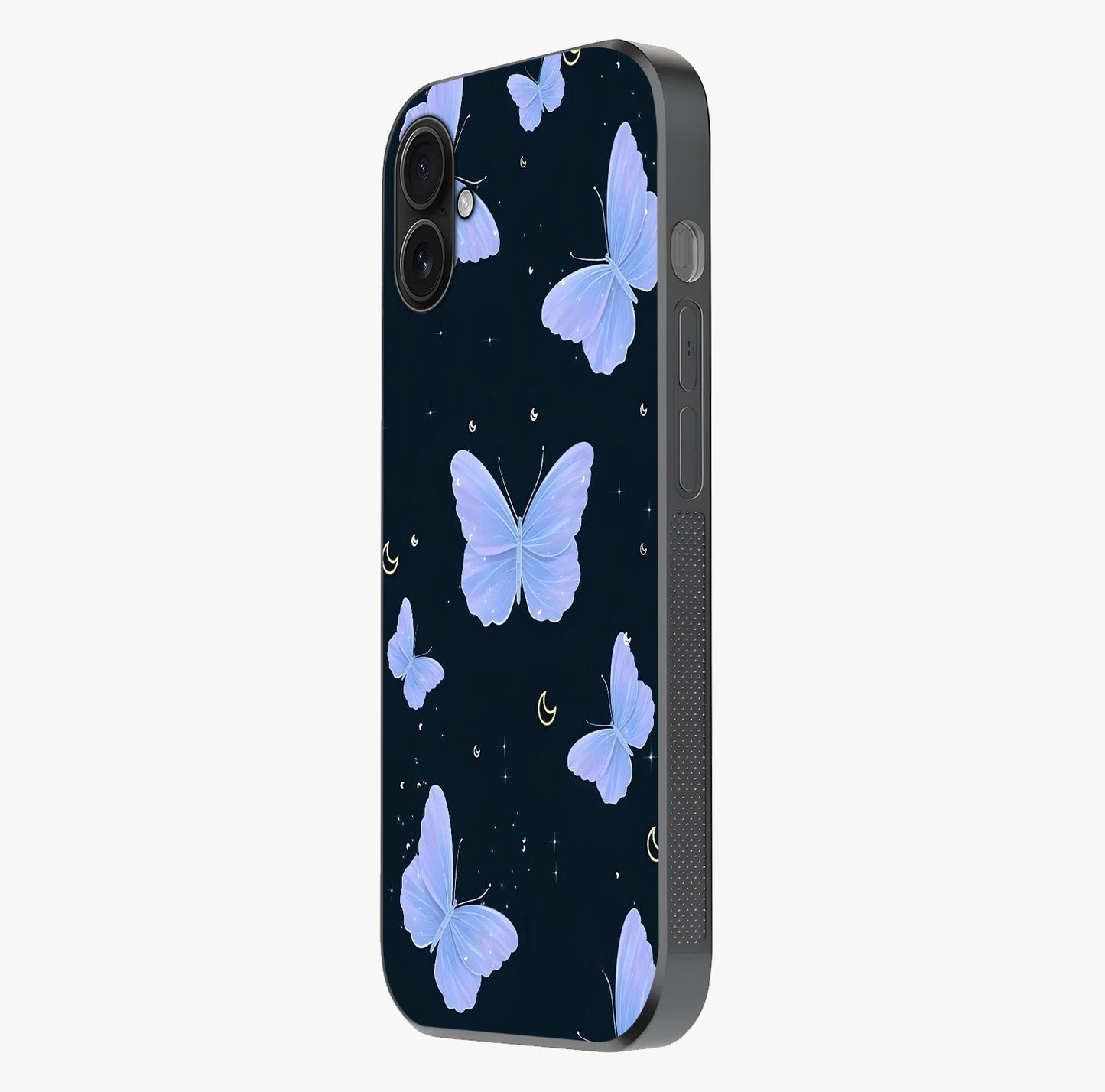 Butterfly With Stars Pattern Glass Case photographed in natural light showing reflective finish and design depth.