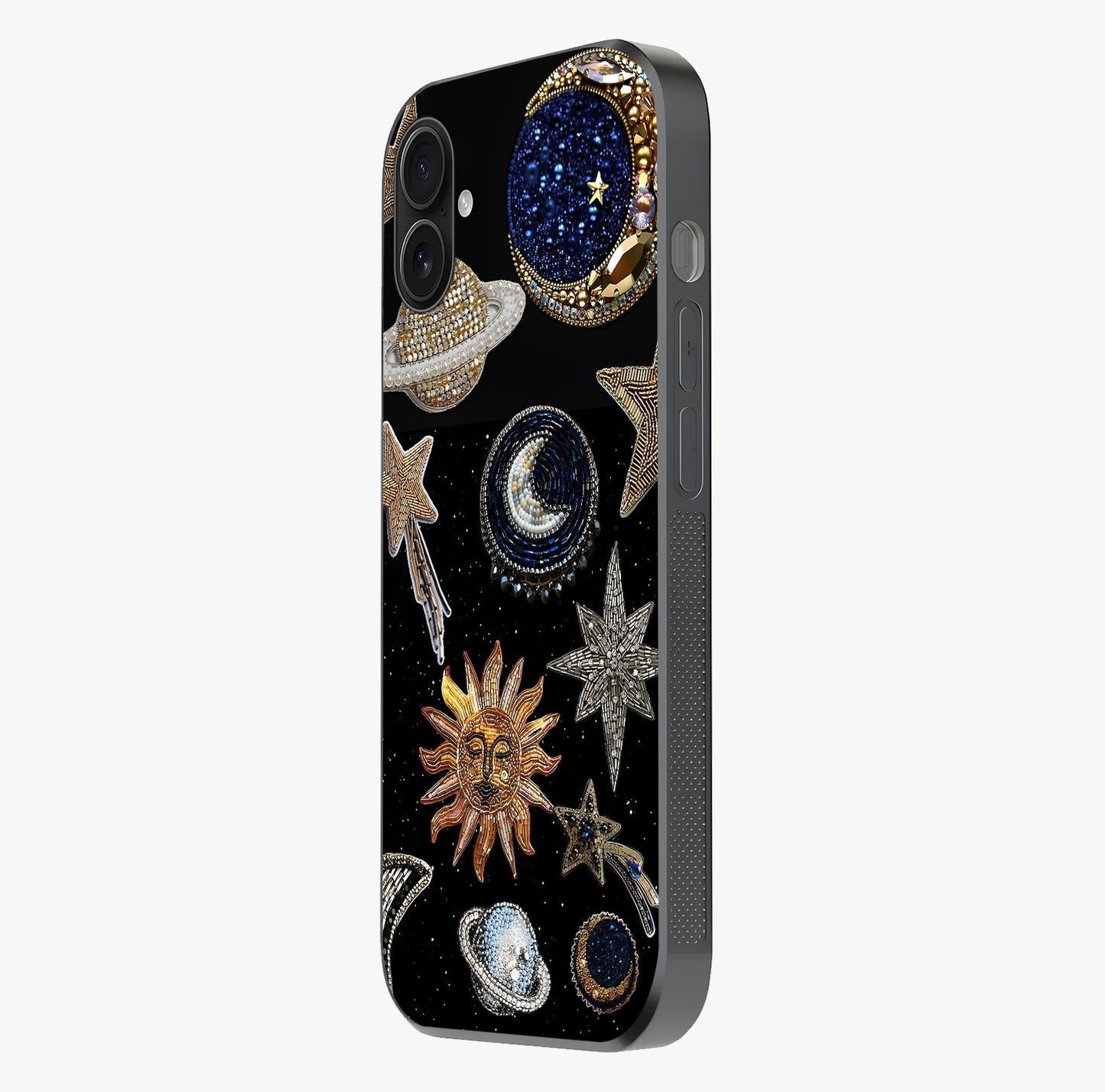 Celestial Gem Constellations Glass Case photographed in natural light showing reflective finish and design depth.