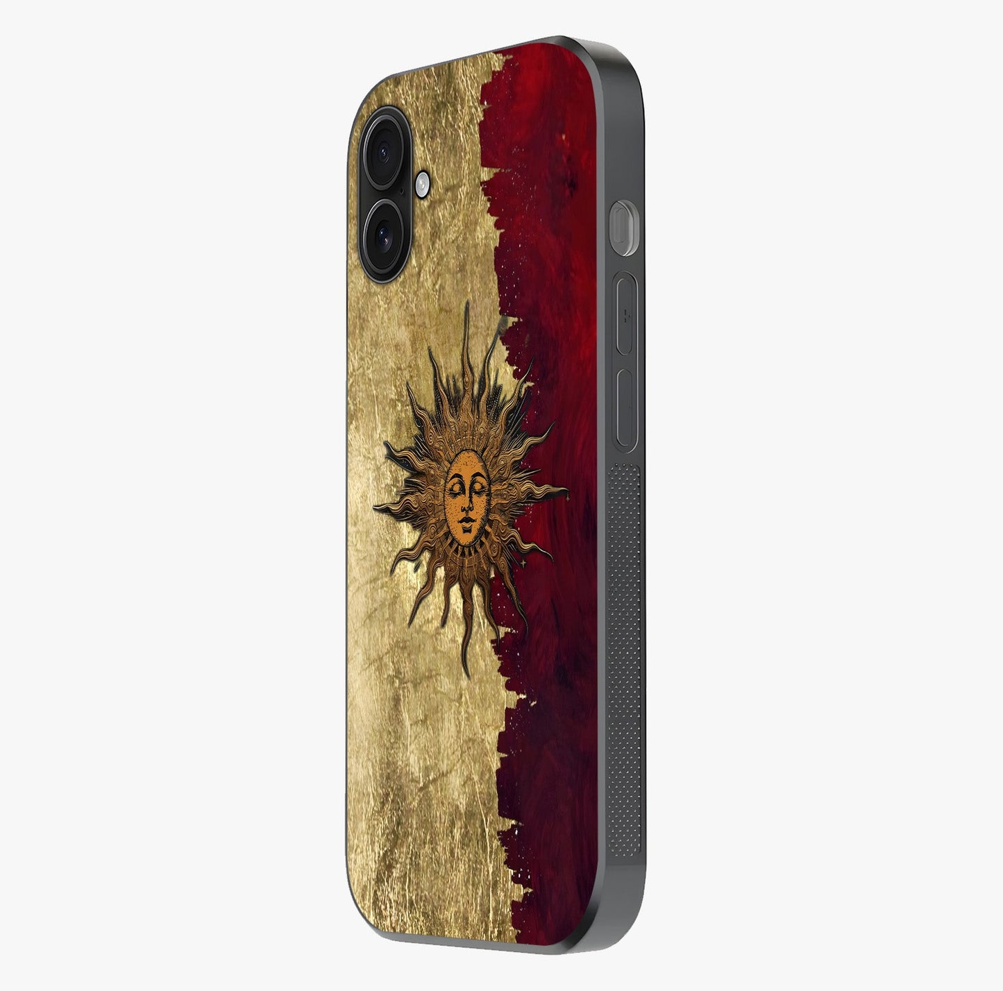 Crimson Sun Majesty Glass Case photographed in natural light showing reflective finish and design depth.