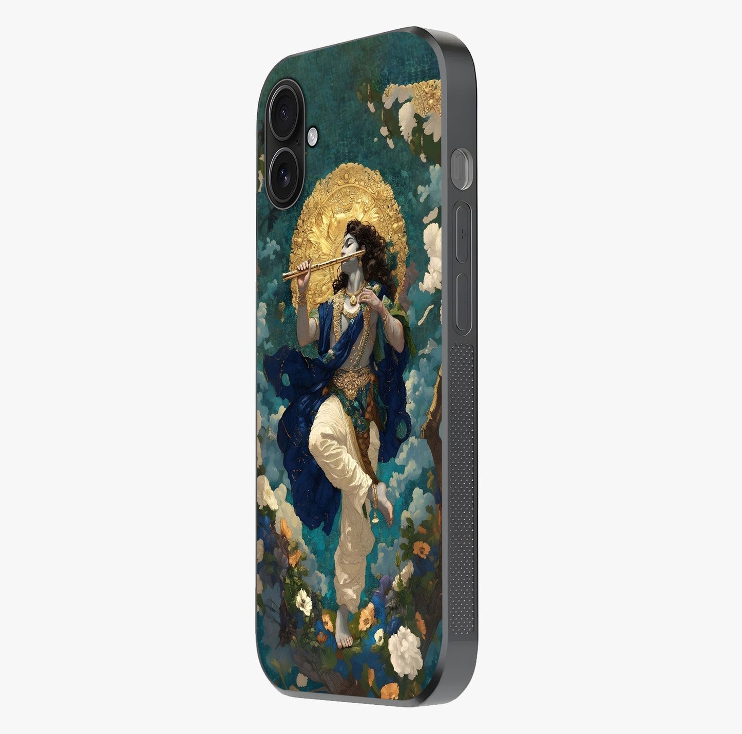 Divine Krishna Art Glass Case photographed in natural light showing reflective finish and design depth.