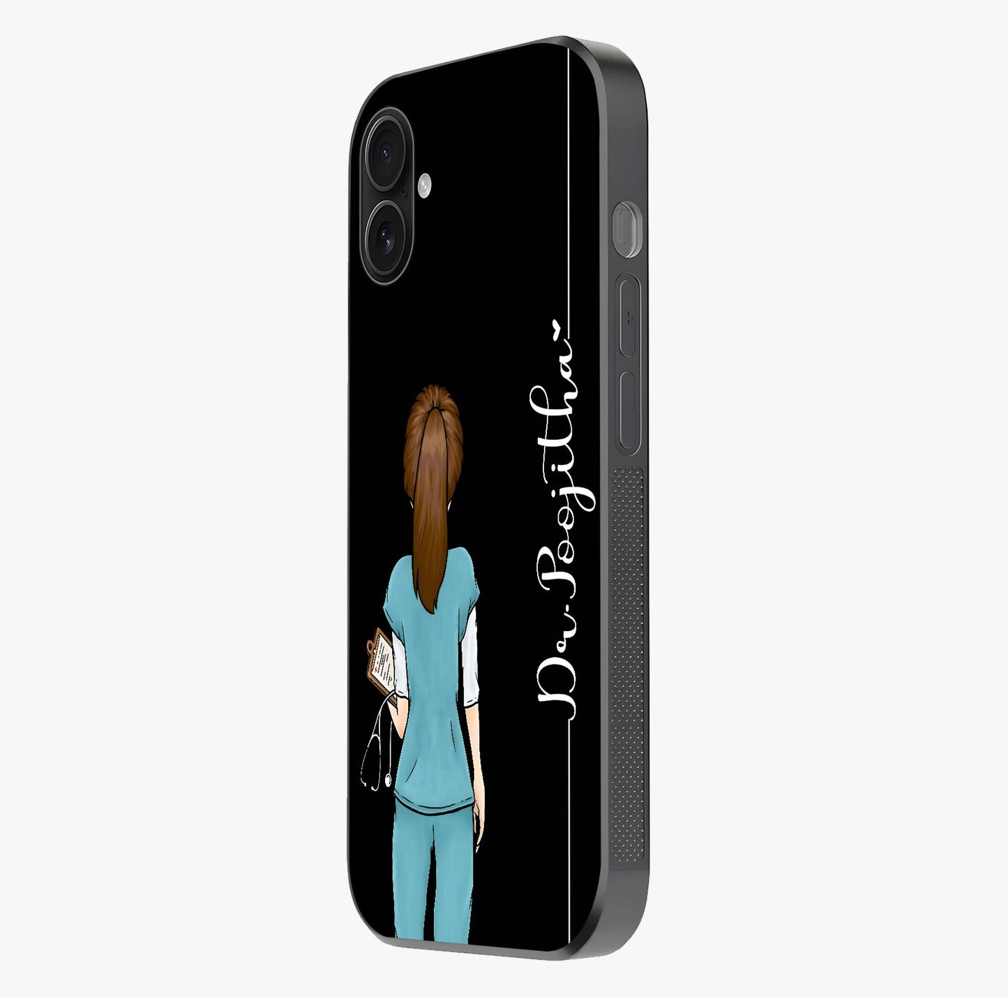 Doctor Pattern Custom Name Glass Case photographed in natural light showing reflective finish and design depth.