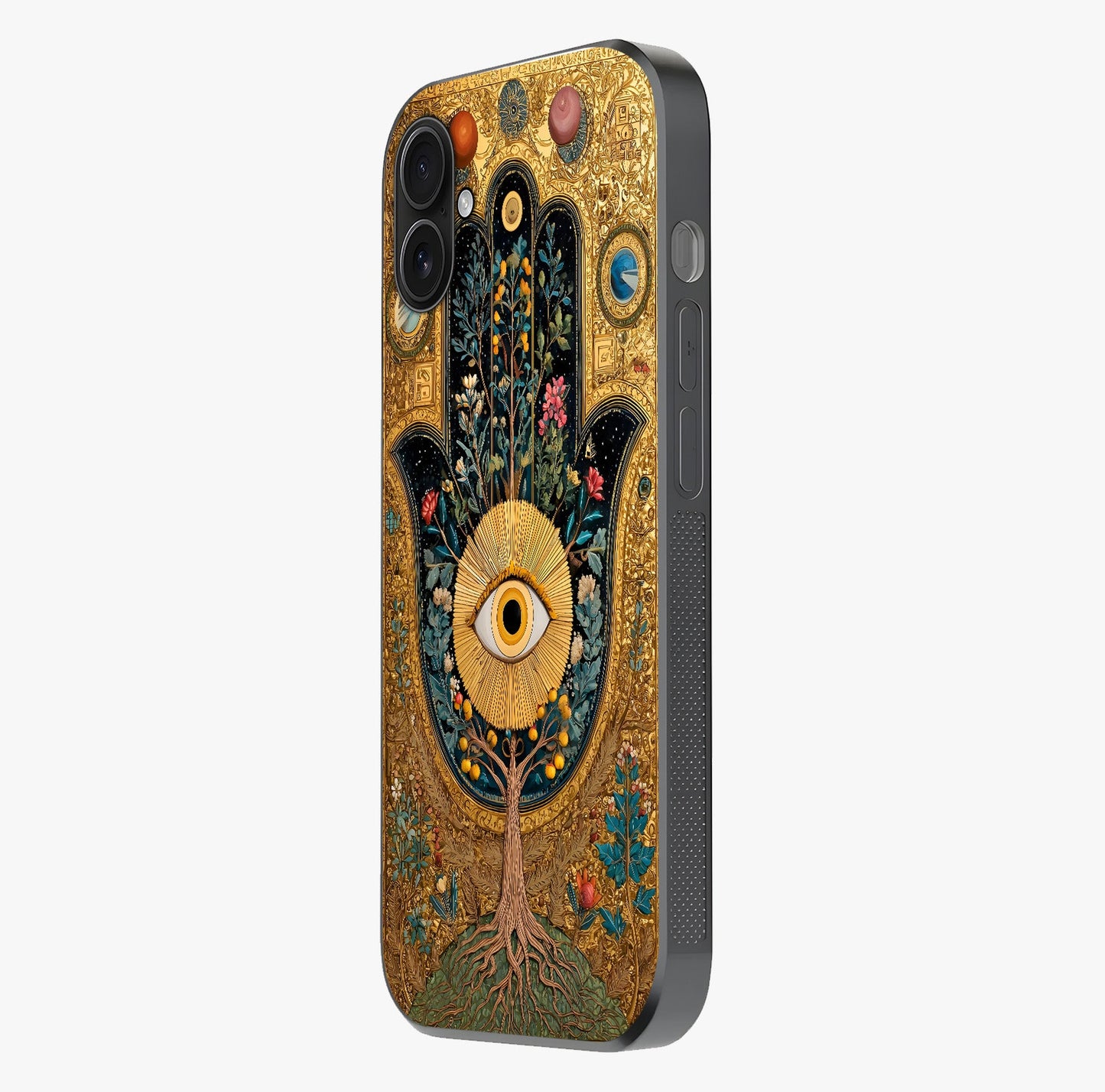Ethereal Evil Eye Glass Case photographed in natural light showing reflective finish and design depth.