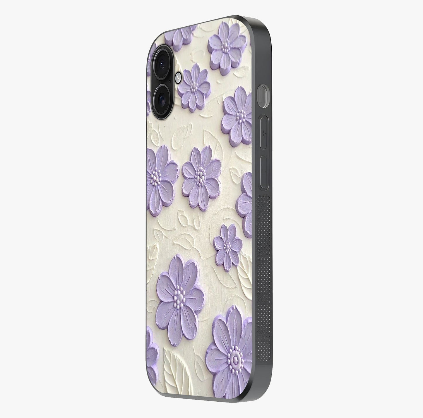 Floral Wall Art With Purple Flowers Glass Case photographed in natural light showing reflective finish and design depth.