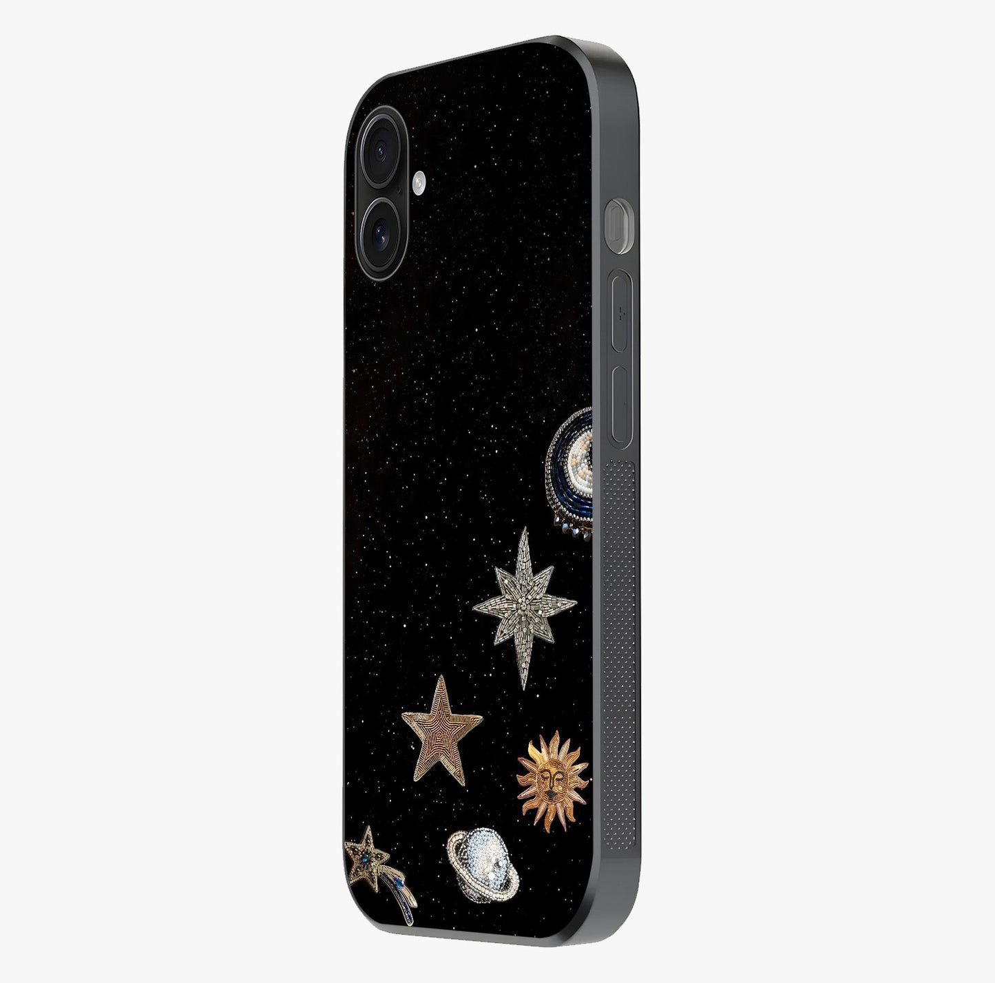 Galactic Charm Glow Glass Case photographed in natural light showing reflective finish and design depth.