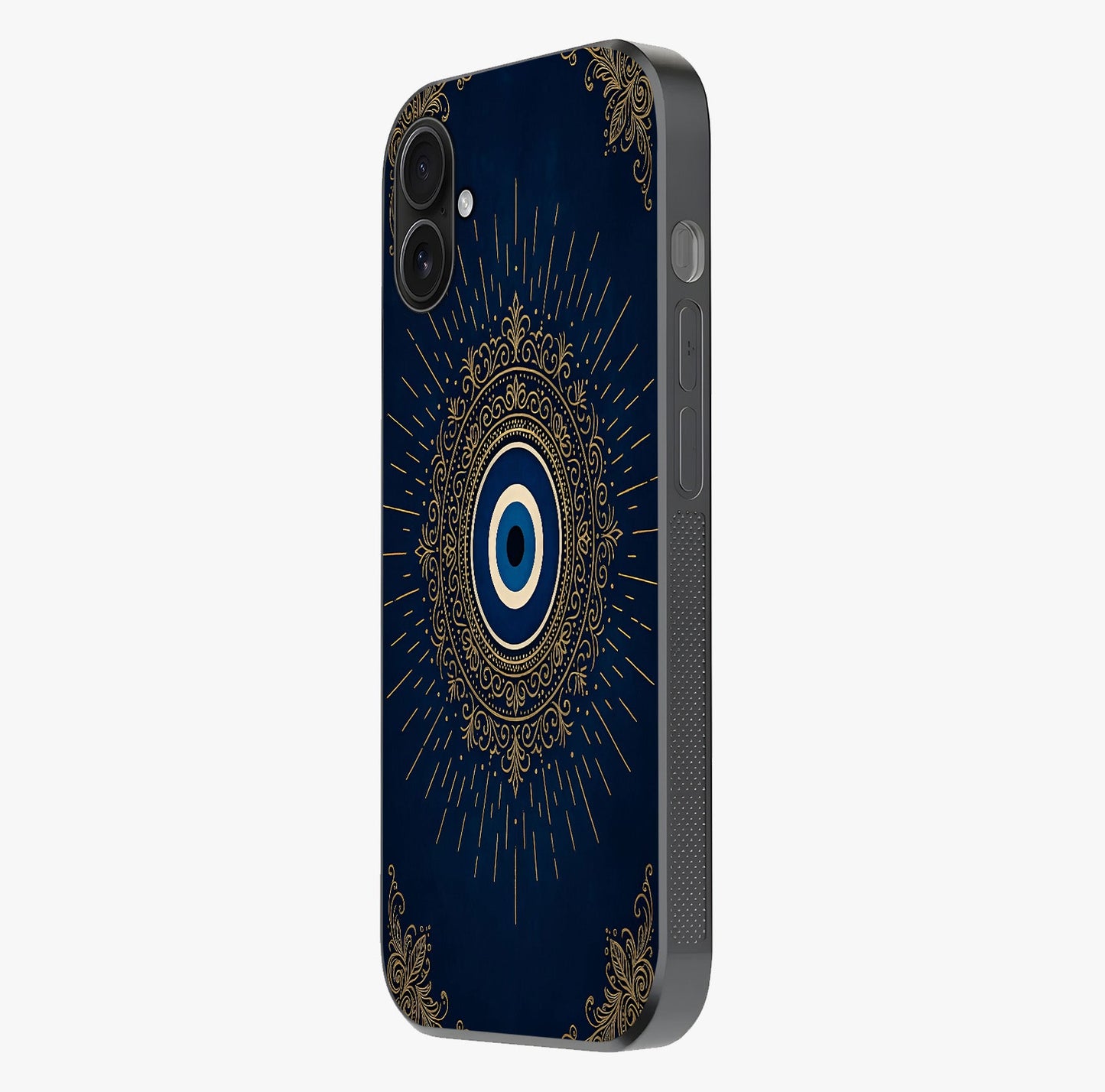Golden Evil Eye Mandala Glass Case photographed in natural light showing reflective finish and design depth.