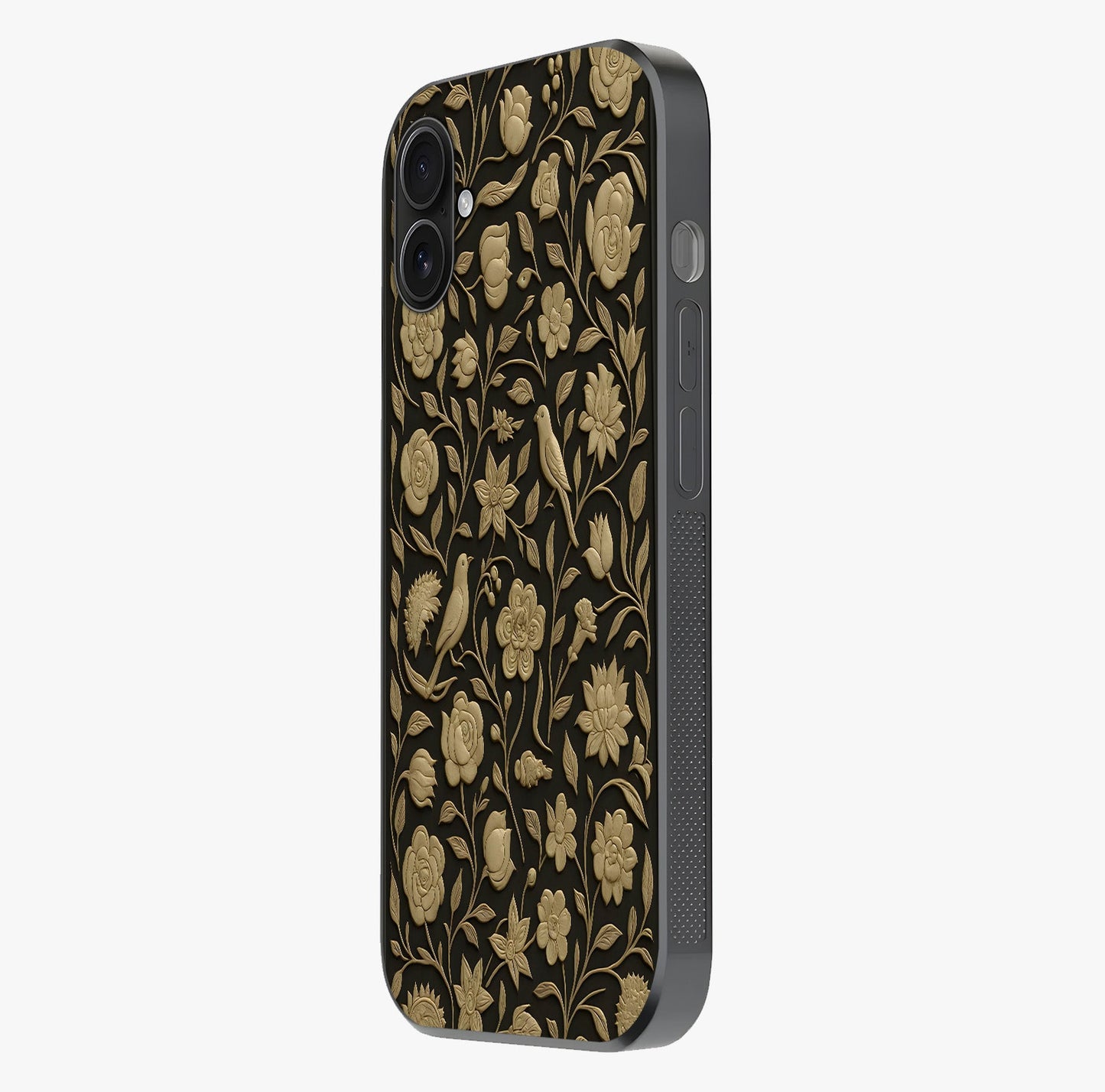 Golden Floral Majesty Glass Case photographed in natural light showing reflective finish and design depth.