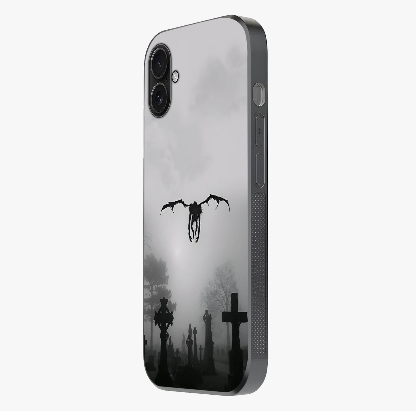 Graveyard Shadow Descent Glass Case photographed in natural light showing reflective finish and design depth.