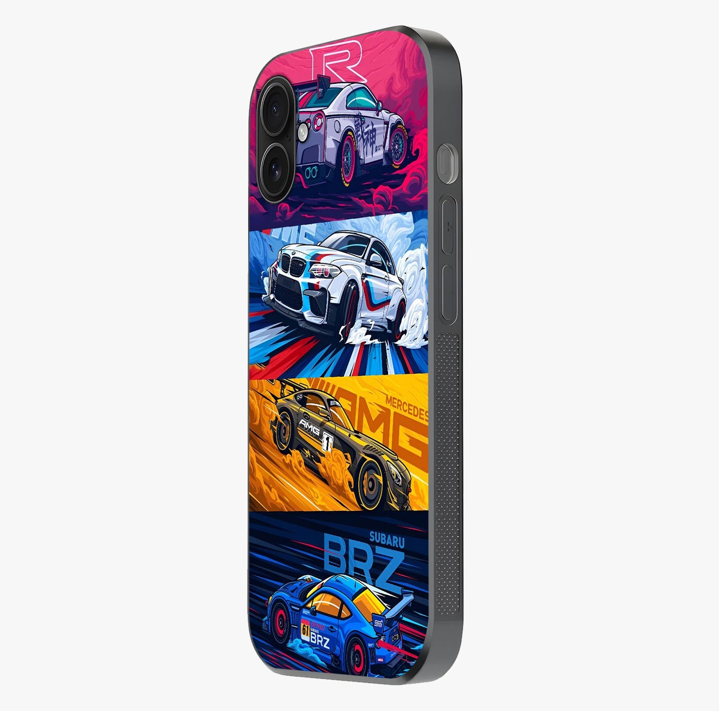 Jdm Sports Car Glass Case photographed in natural light showing reflective finish and design depth.