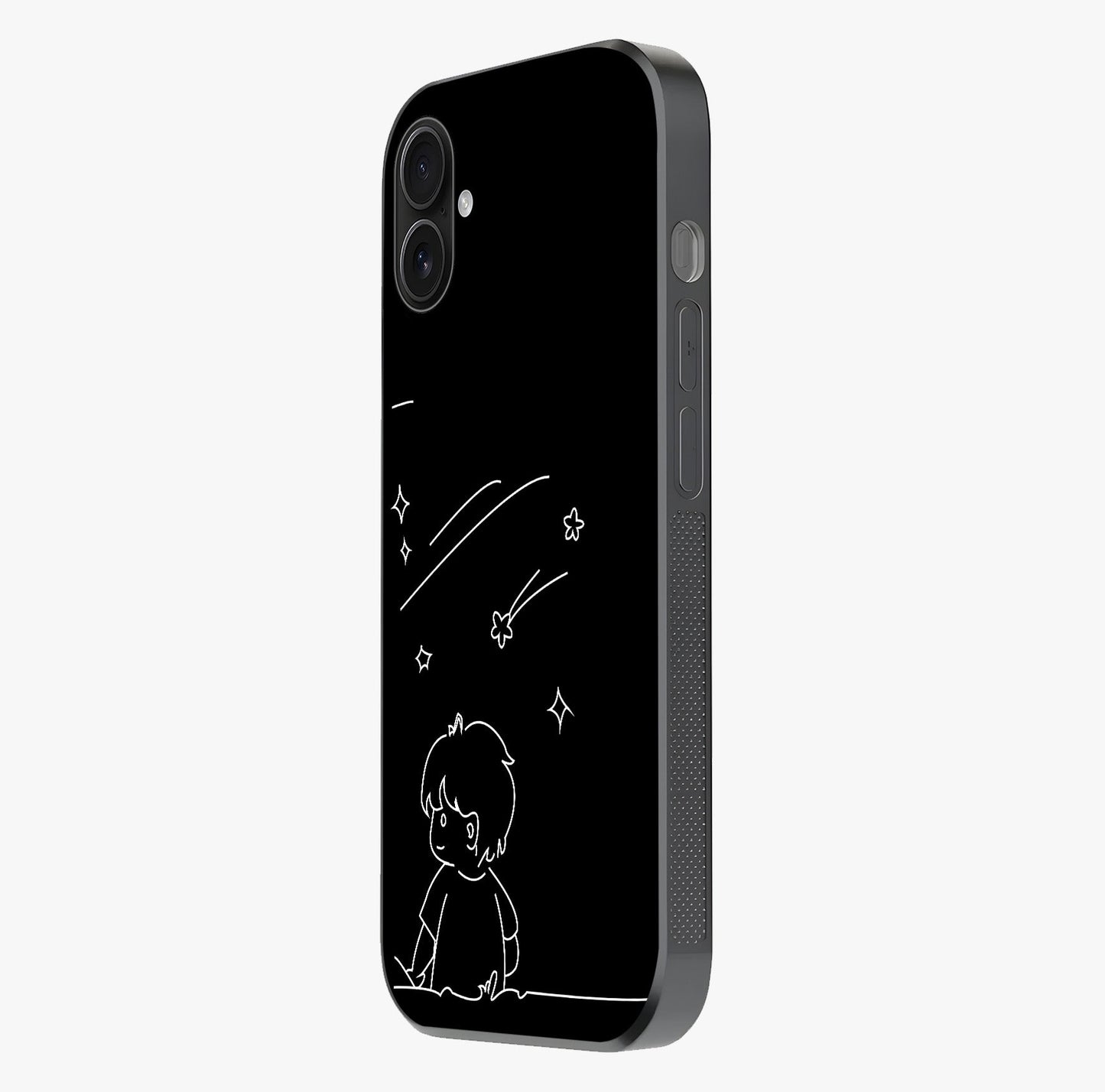 Line Art Boy With Shooting Stars Glass Case photographed in natural light showing reflective finish and design depth.
