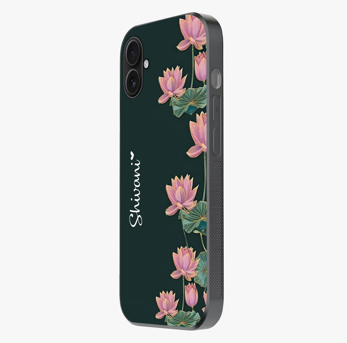 Lotus Bloom Serenity Custom Name Glass Case photographed in natural light showing reflective finish and design depth.