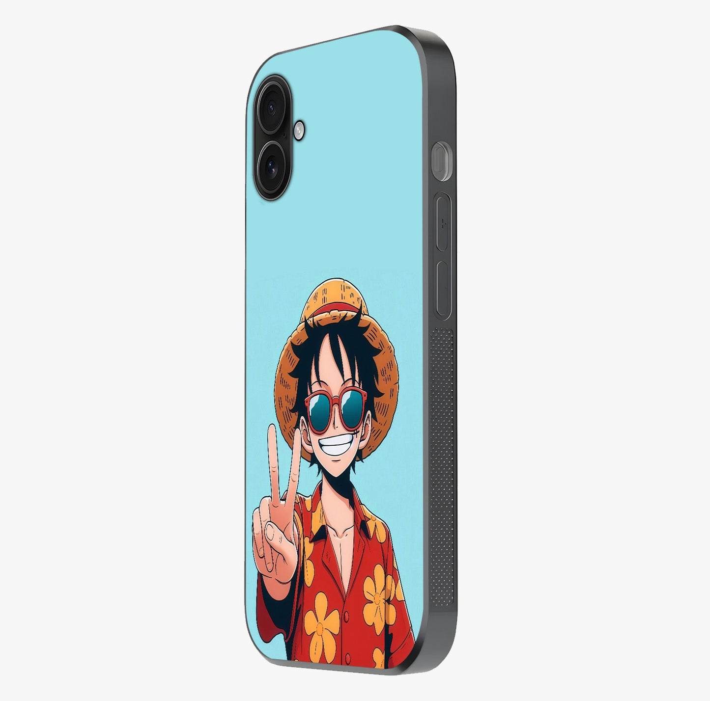 Luffy Summer Anime Vibe Glass Case photographed in natural light showing reflective finish and design depth.