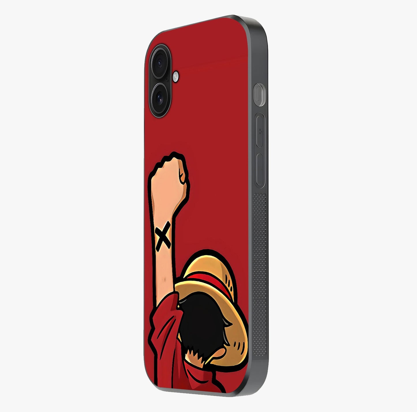 Luffy X Spirit Glass Case photographed in natural light showing reflective finish and design depth.