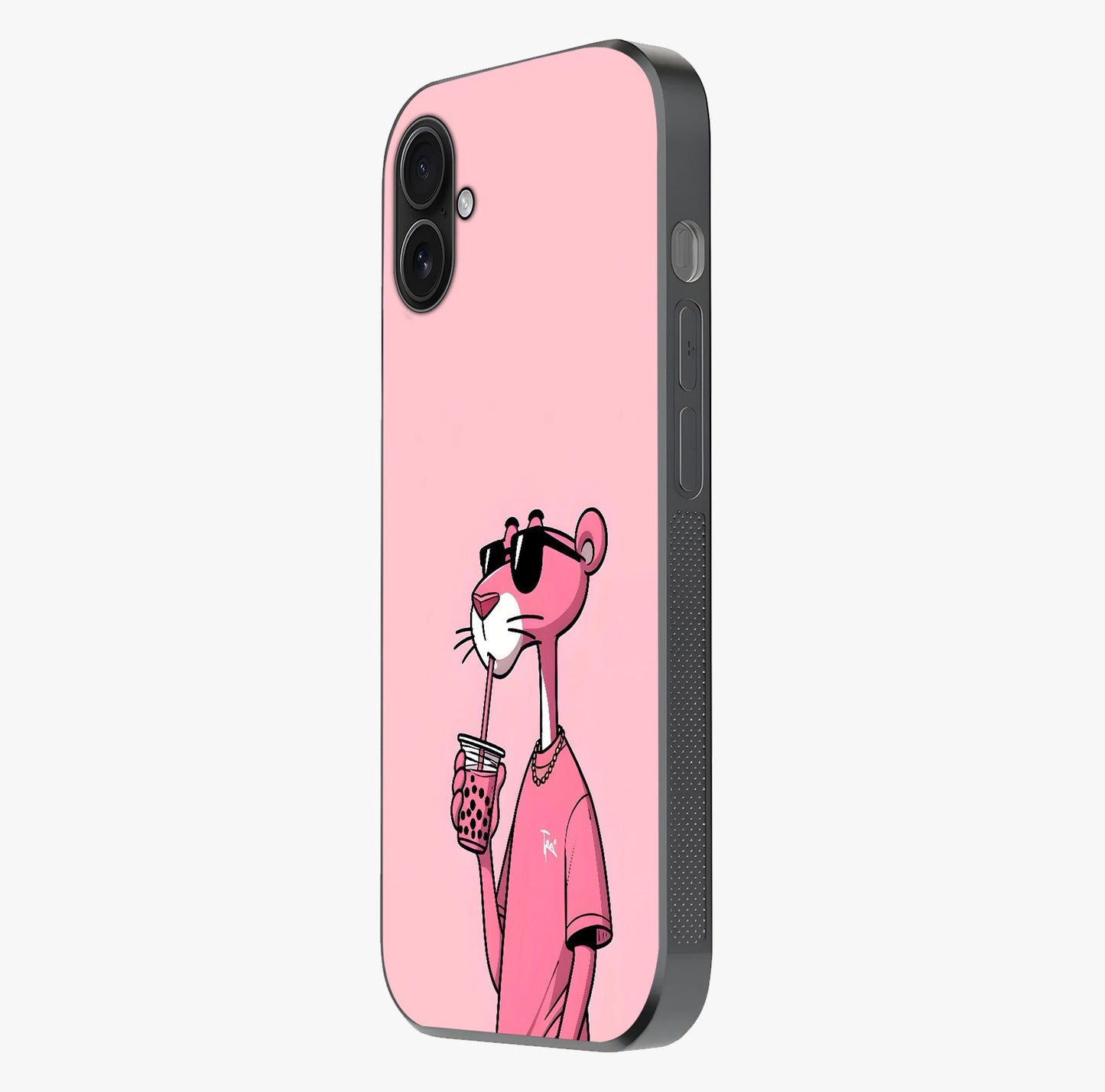 Pink Panther Glass Case photographed in natural light showing reflective finish and design depth.