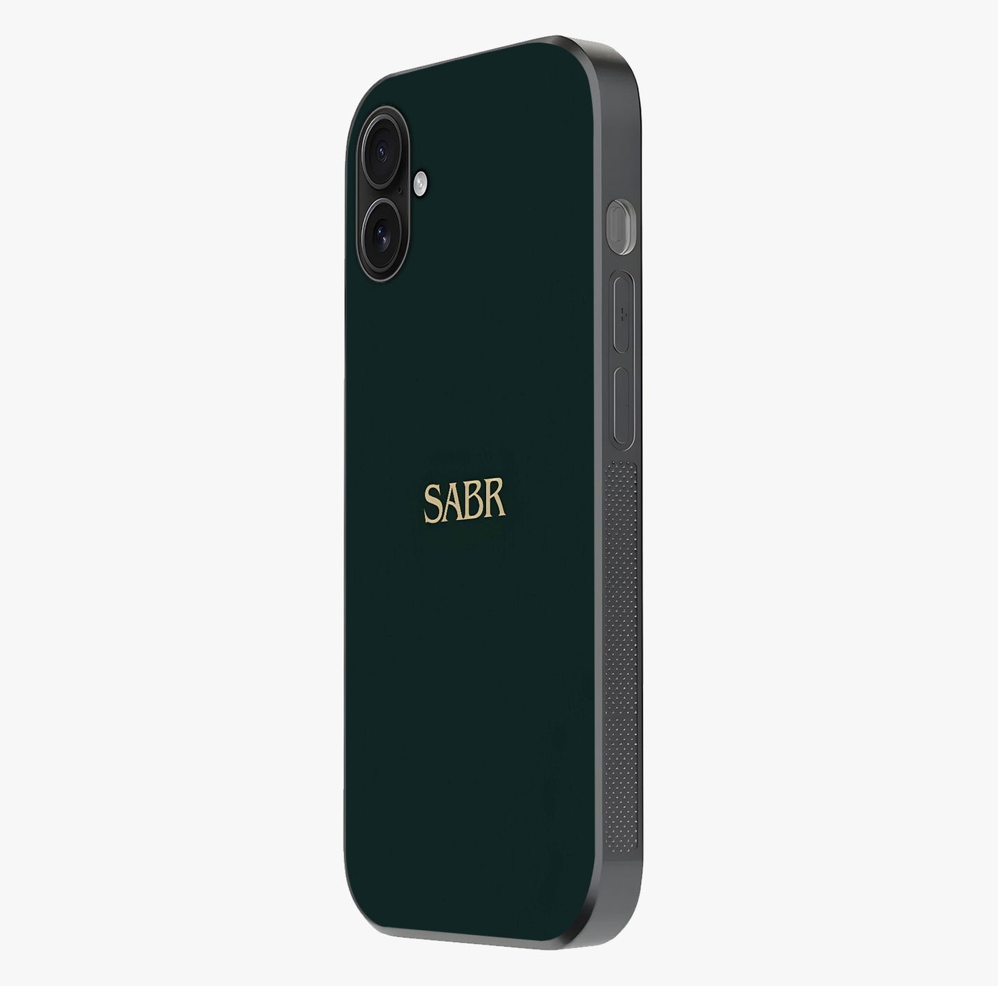 Sabr Minimal Patience Glass Case photographed in natural light showing reflective finish and design depth.