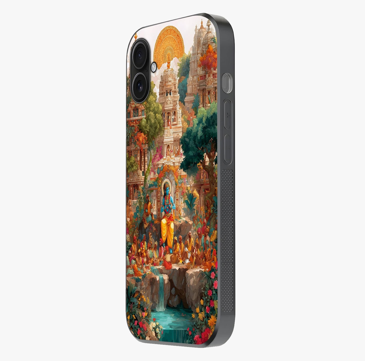 Sacred Sunlight Gods Glass Case photographed in natural light showing reflective finish and design depth.