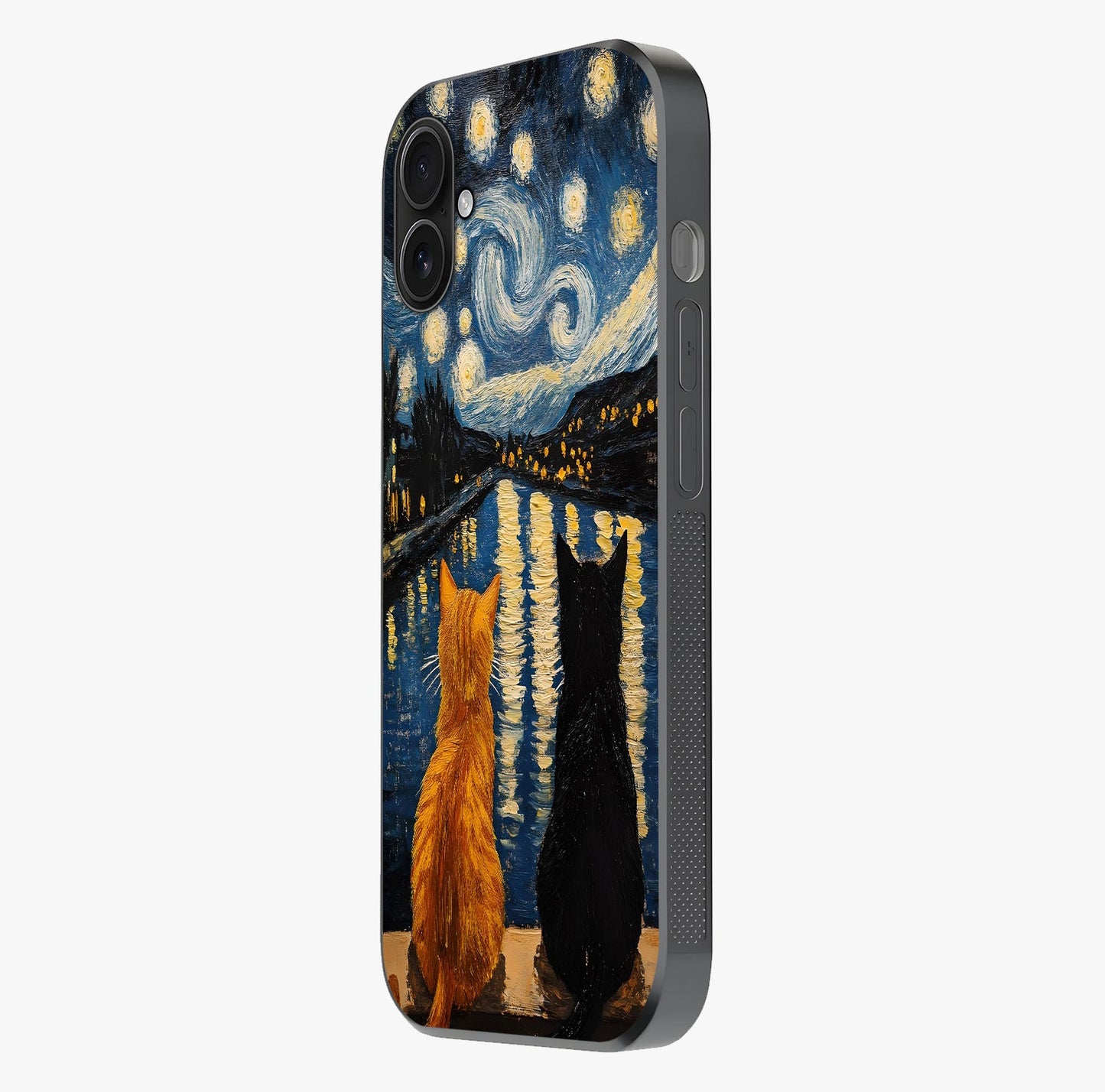 Starry River Cats Glass Case photographed in natural light showing reflective finish and design depth.