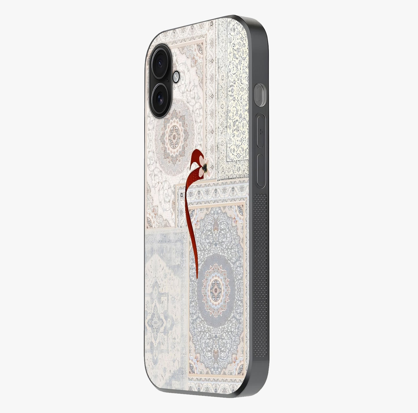 White Aesthetic Bow Glass Case photographed in natural light showing reflective finish and design depth.