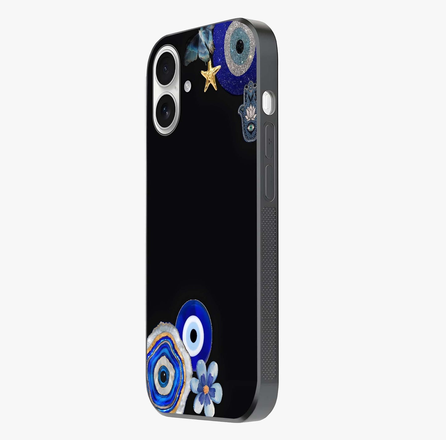 Aesthetic Blue Evil Eye Glass Case photographed in natural light showing reflective finish and design depth.