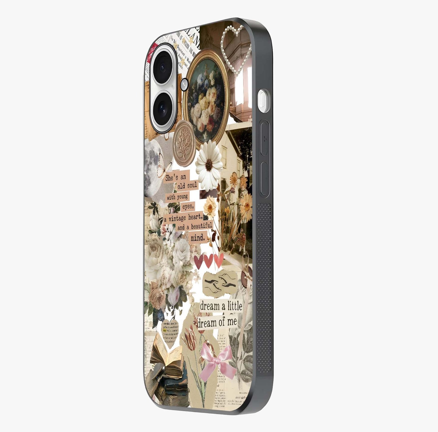 Aesthetic Brown Vintage Collage Glass Case photographed in natural light showing reflective finish and design depth.