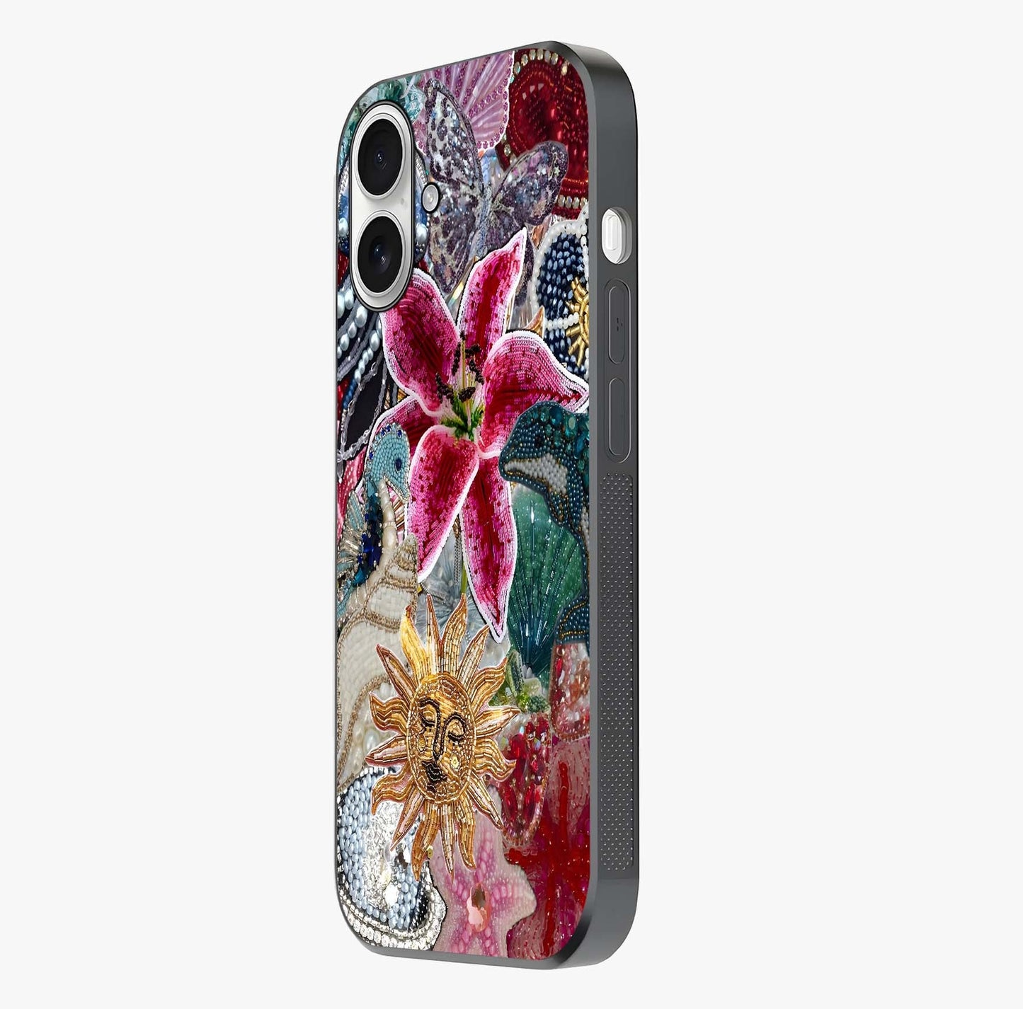 Beaded Garden Fantasy Glass Case photographed in natural light showing reflective finish and design depth.
