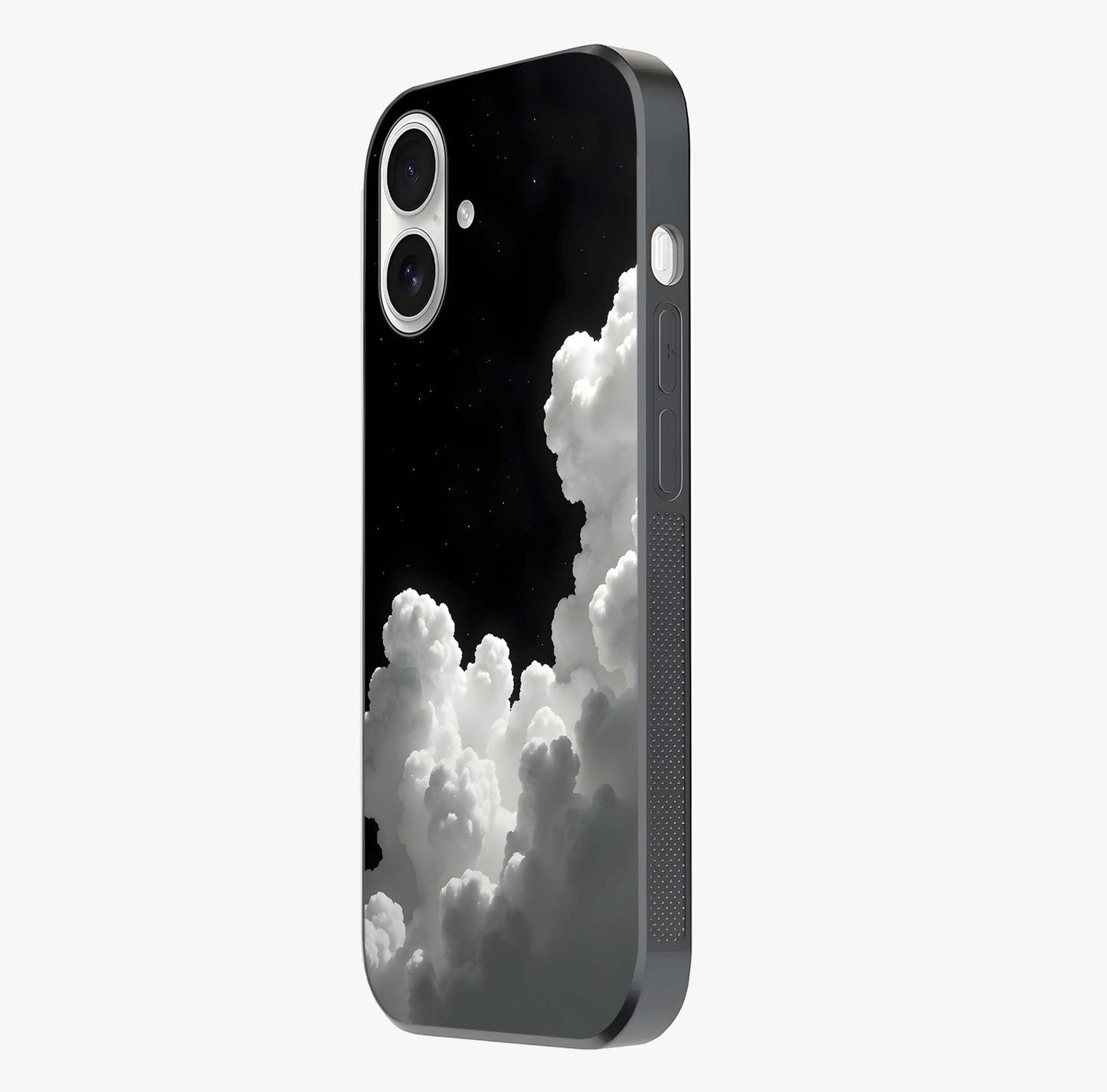 Black Background With White Cloud Glass Case photographed in natural light showing reflective finish and design depth.