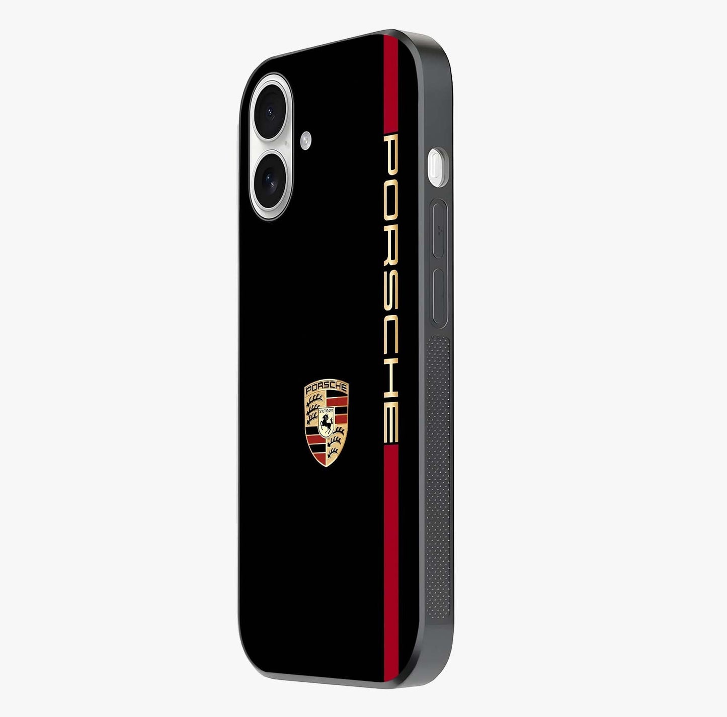 Black Minimal Porsche Glass Case photographed in natural light showing reflective finish and design depth.