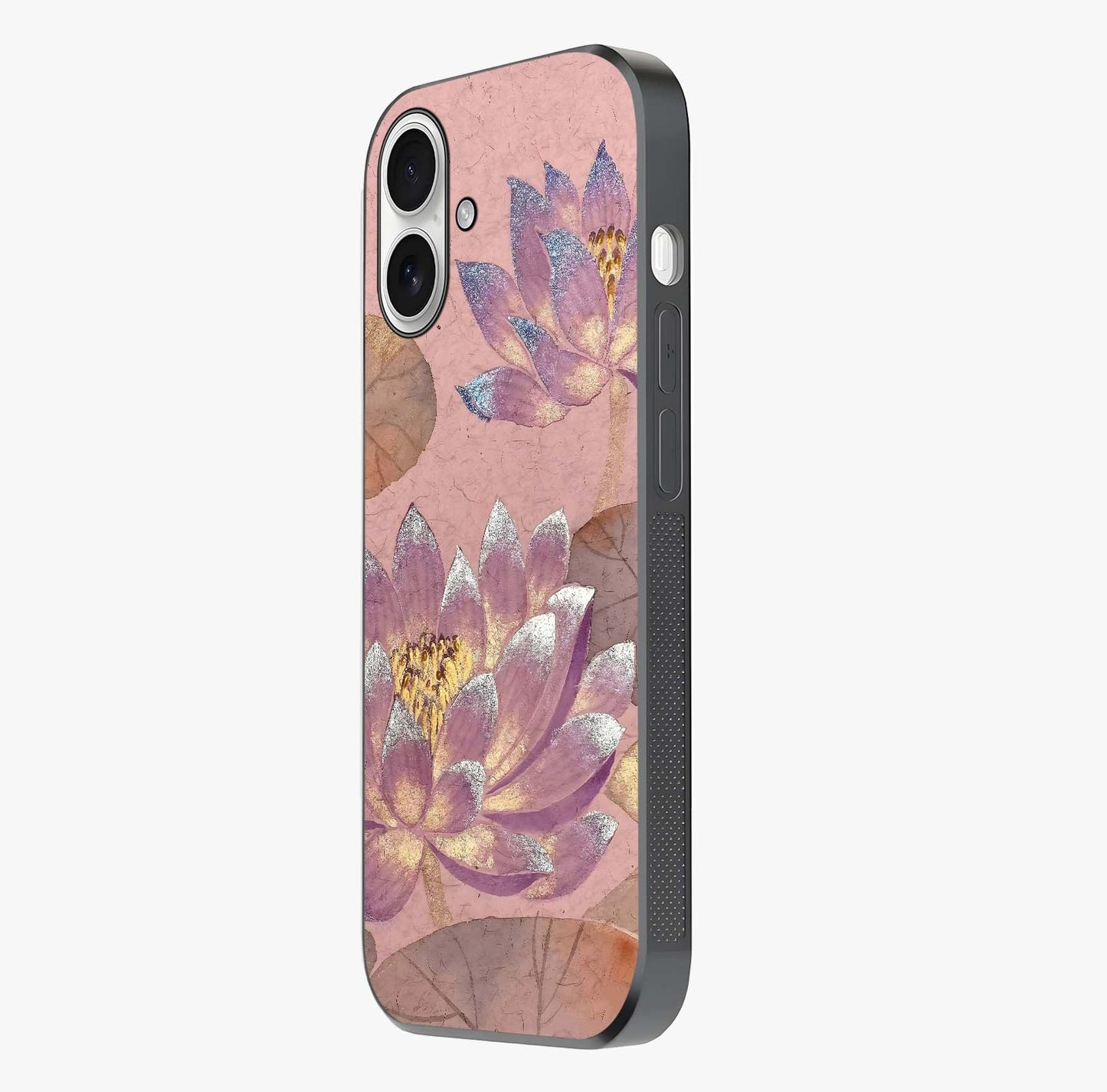 Blossom Mist Lotus Glass Case photographed in natural light showing reflective finish and design depth.