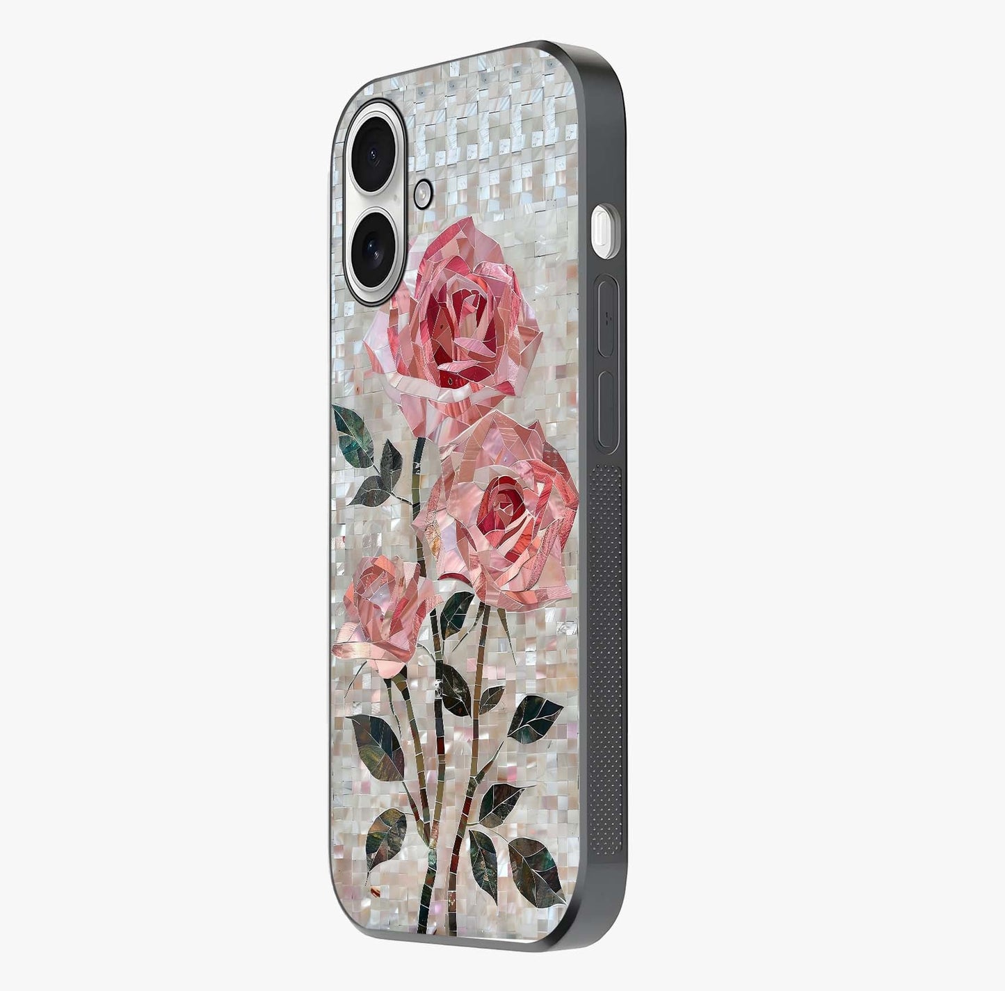 Blush Mosaic Bloom Glass Case photographed in natural light showing reflective finish and design depth.