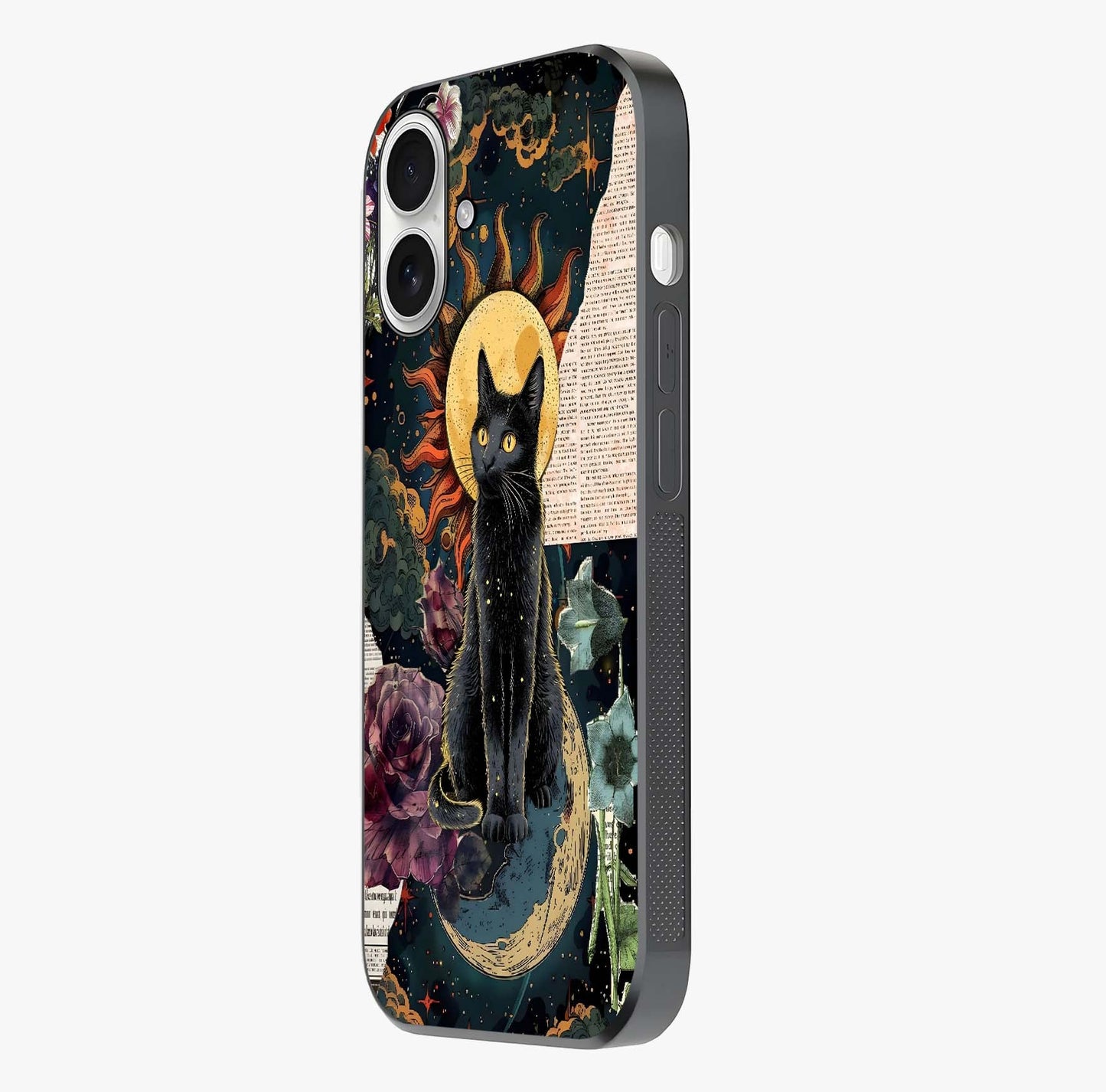 Celestial Black Cat Glass Case photographed in natural light showing reflective finish and design depth.
