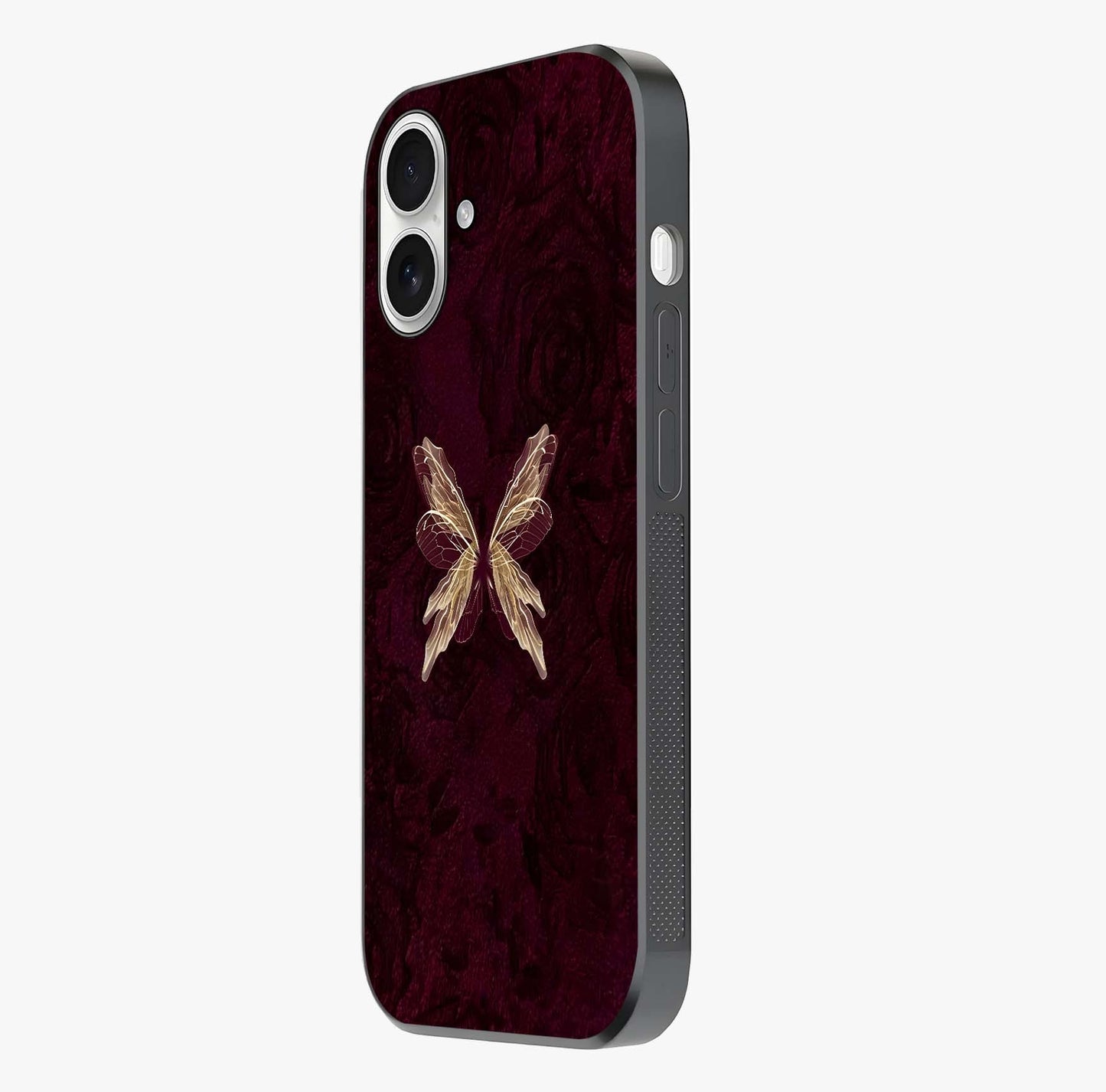 Crimson Fade Butterfly Glass Case photographed in natural light showing reflective finish and design depth.