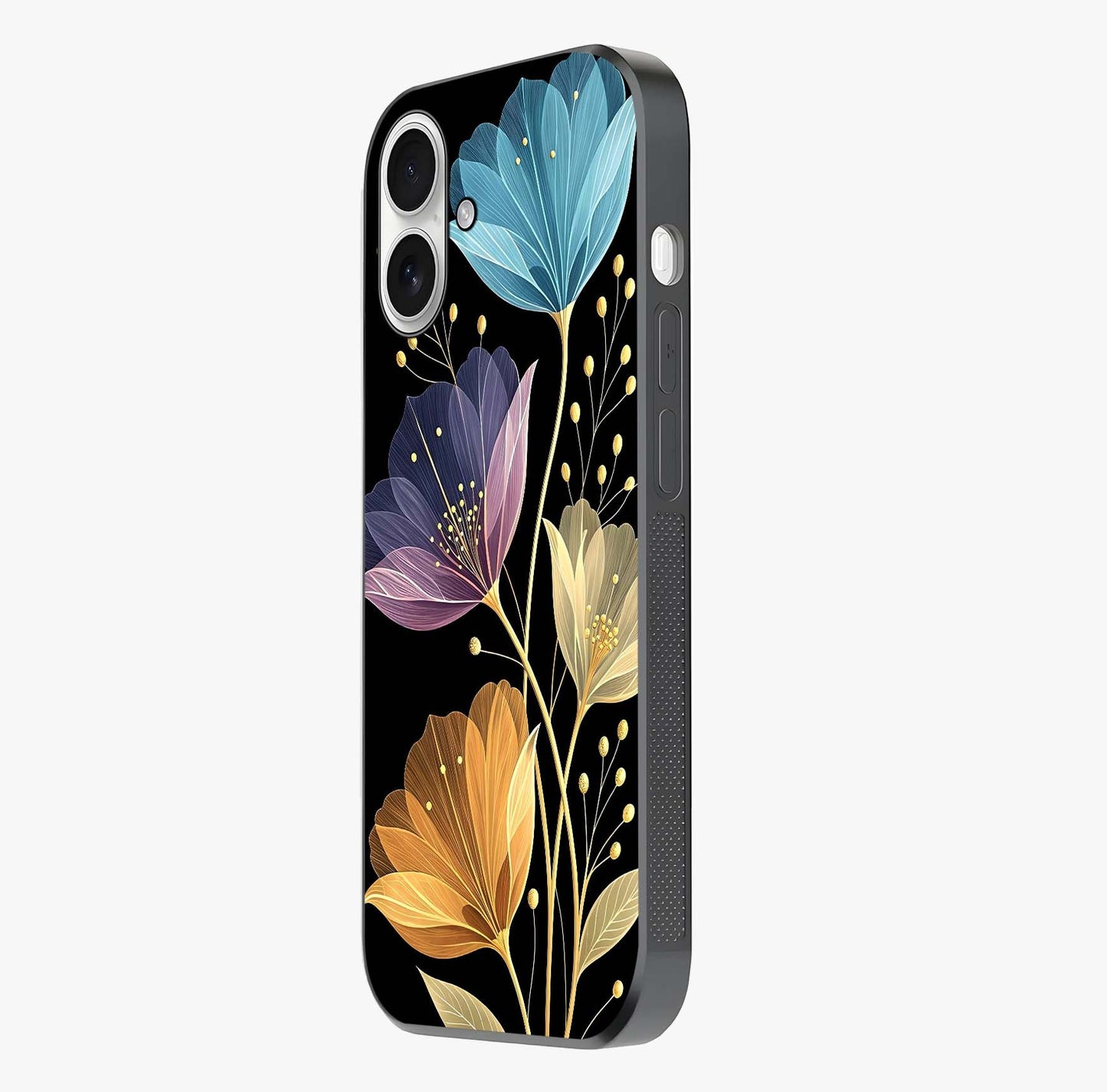 Delicate Multicolor Flowers Glass Case photographed in natural light showing reflective finish and design depth.