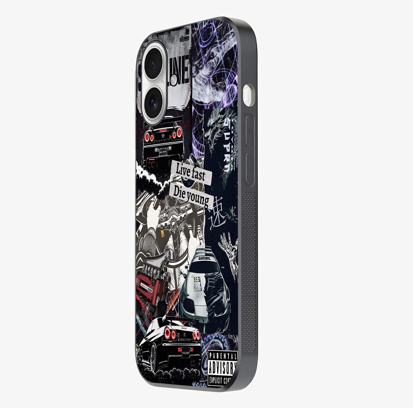 Die Young Glass Case photographed in natural light showing reflective finish and design depth.