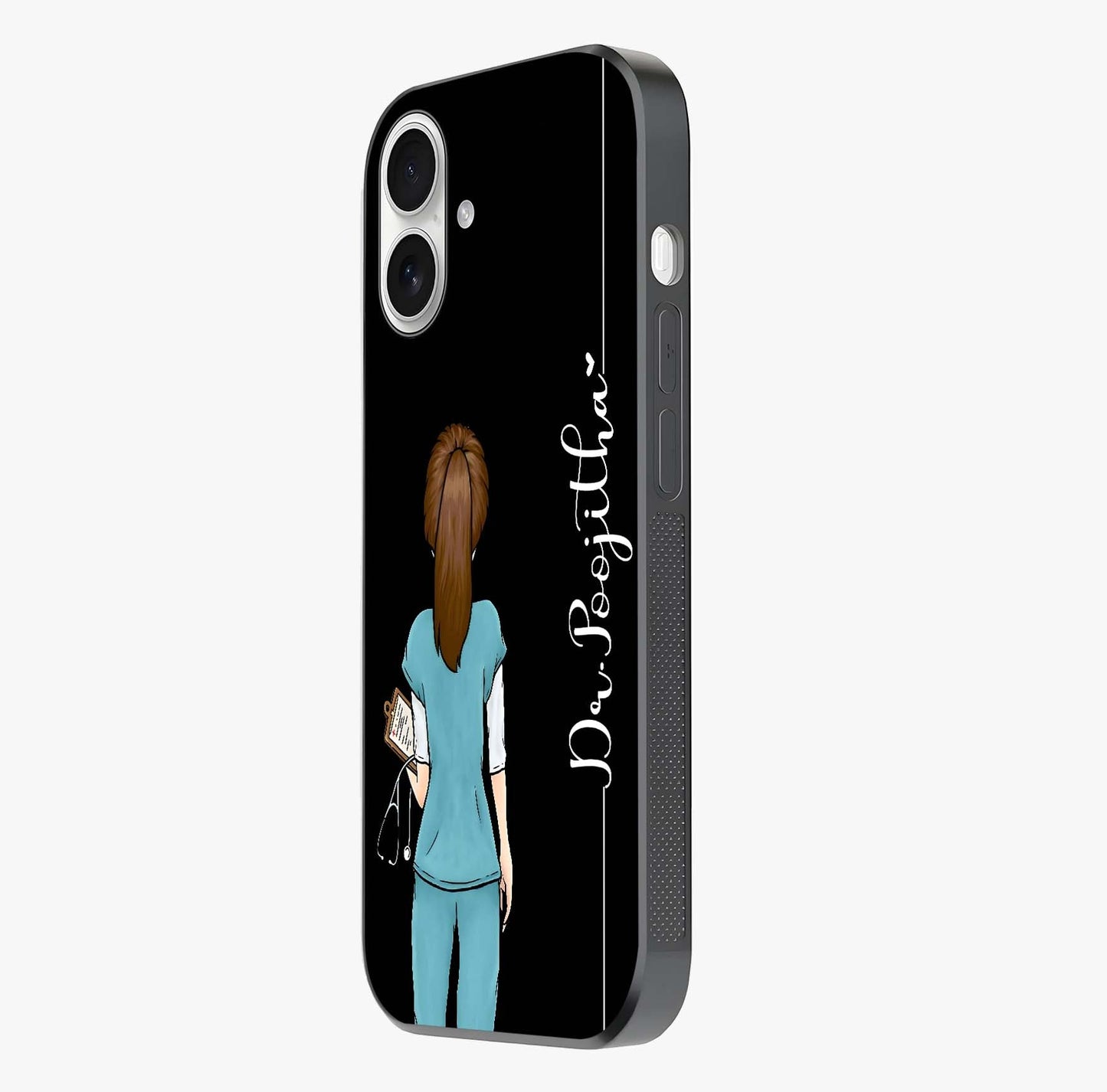 Doctor Pattern Custom Name Glass Case photographed in natural light showing reflective finish and design depth.