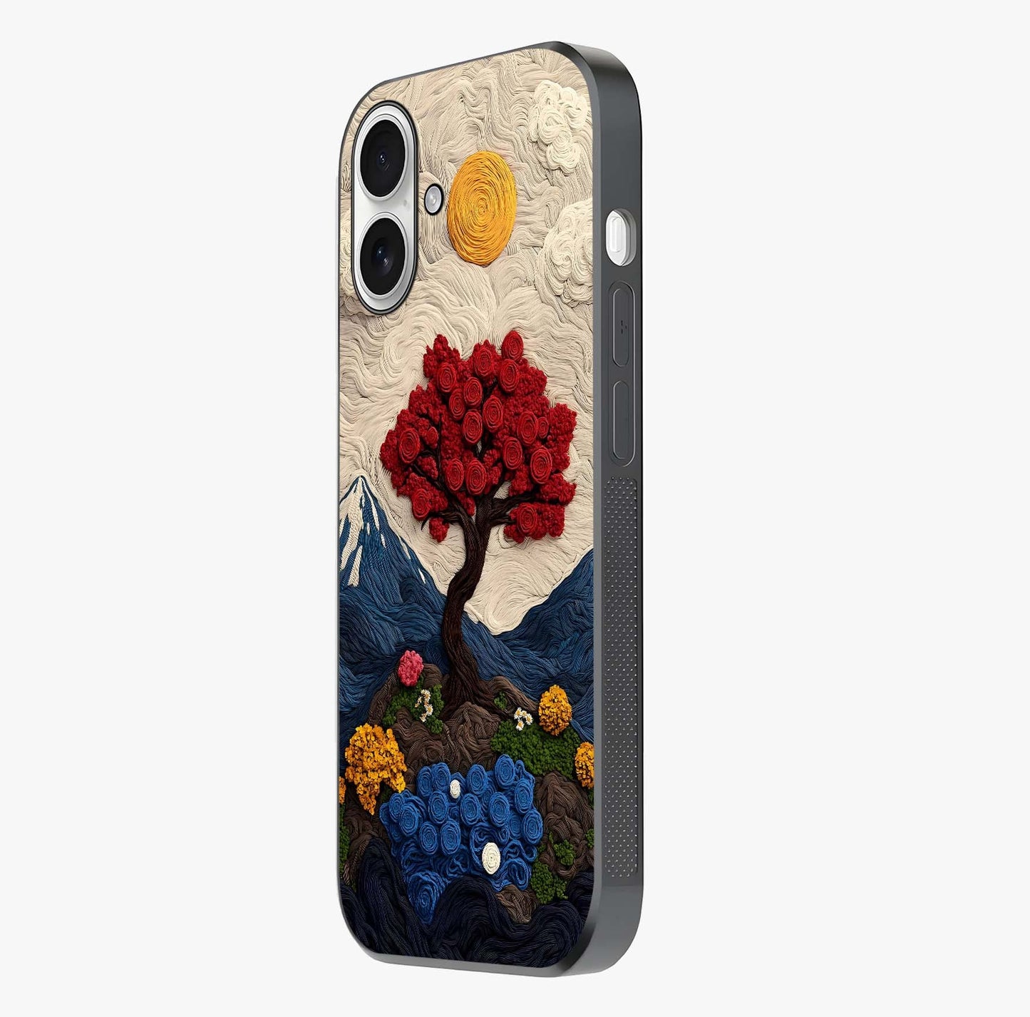 Eternal Nature Tapestry Glass Case photographed in natural light showing reflective finish and design depth.
