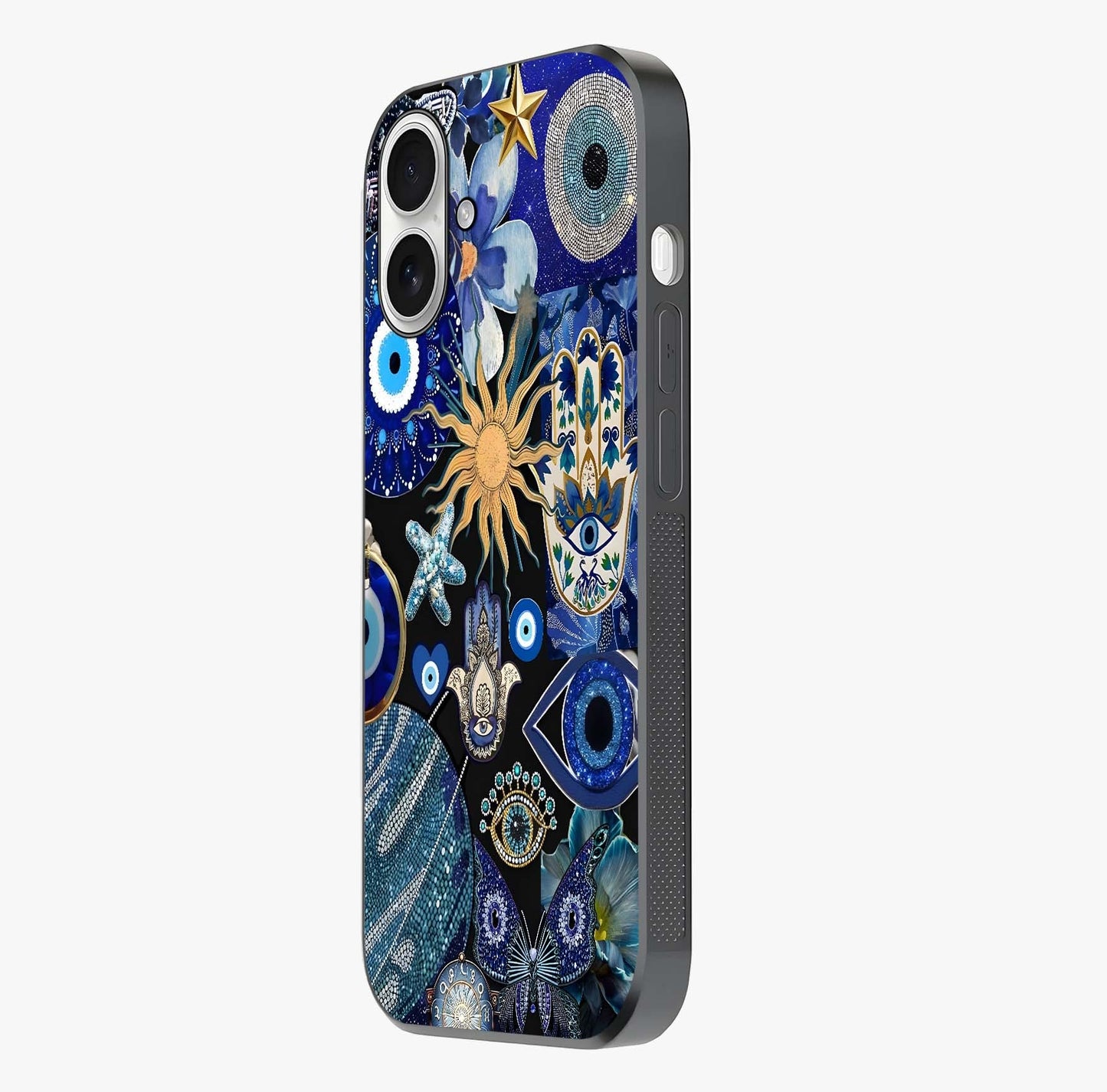 Evil Eye Charm Mix Glass Case photographed in natural light showing reflective finish and design depth.