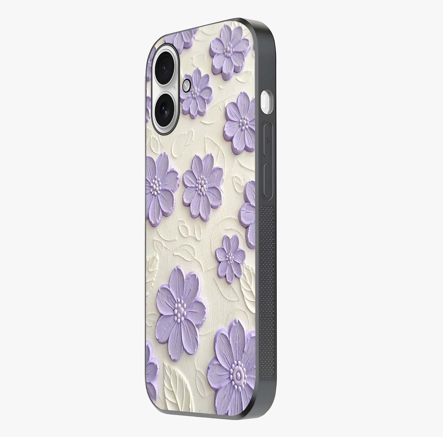 Floral Wall Art With Purple Flowers Glass Case photographed in natural light showing reflective finish and design depth.