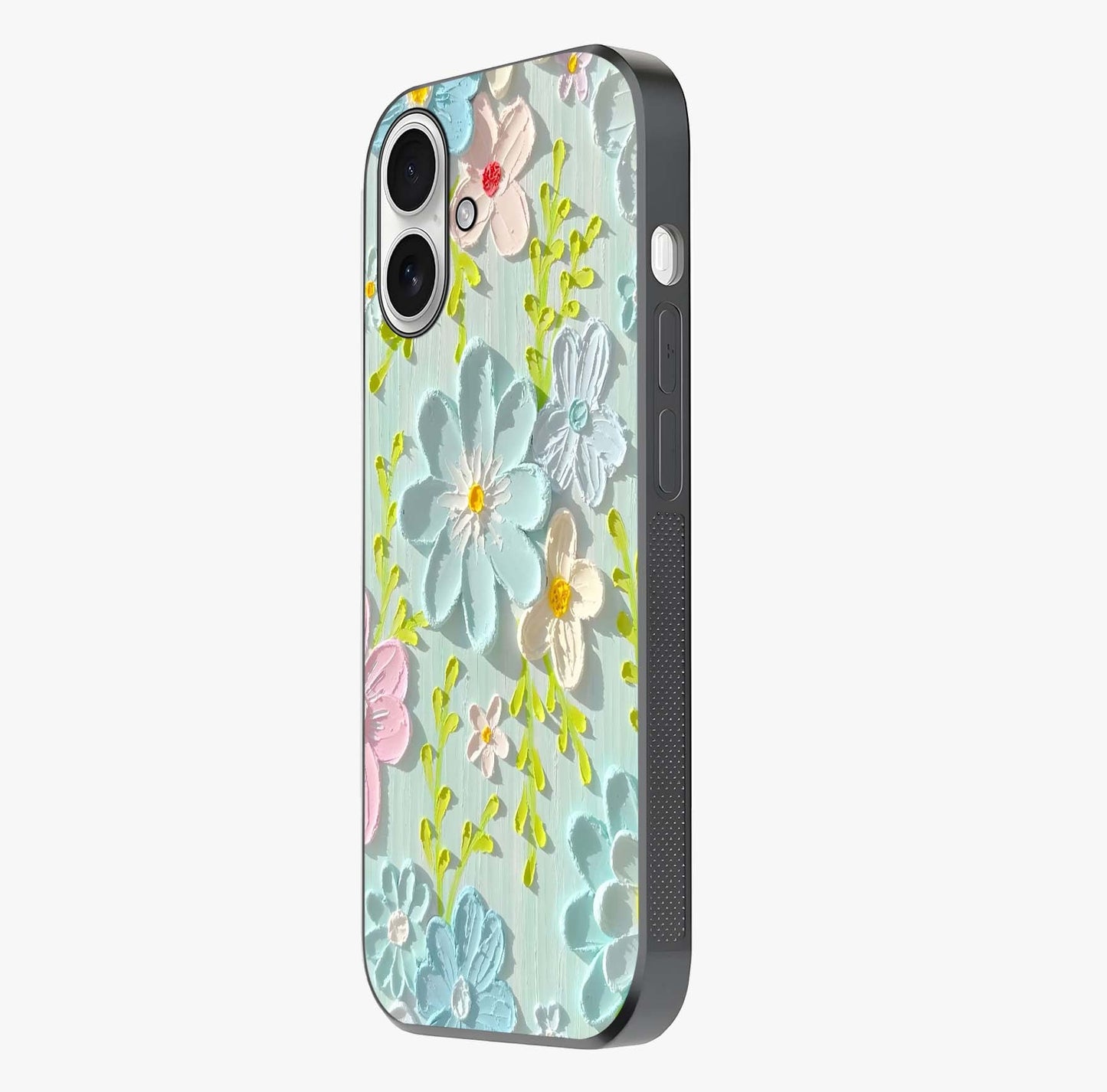 Frosted Petal Garden Glass Case photographed in natural light showing reflective finish and design depth.