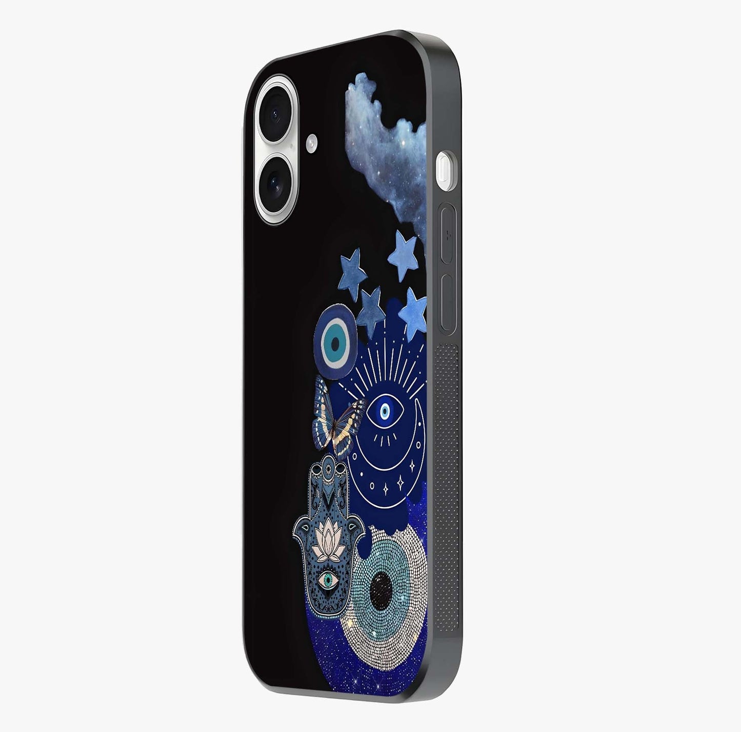 Galactic Charm Cluster Glass Case photographed in natural light showing reflective finish and design depth.