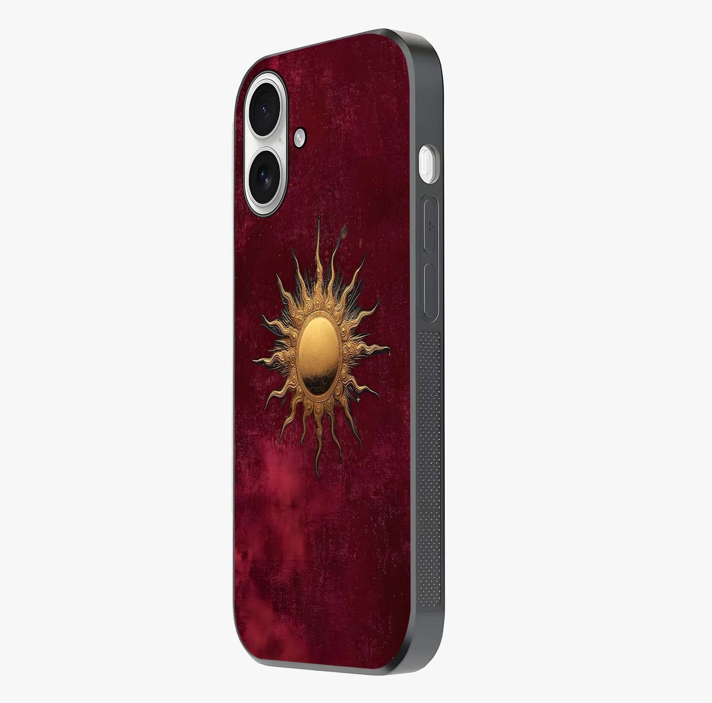 Golden Sun Minimalism Glass Case photographed in natural light showing reflective finish and design depth.