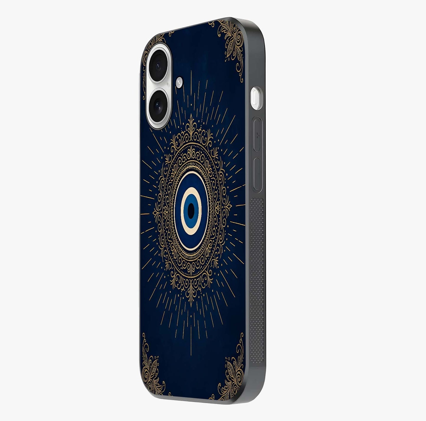 Golden Celestial Charm Glass Case photographed in natural light showing reflective finish and design depth.