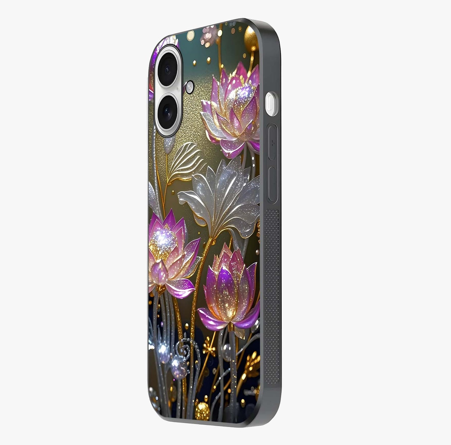 Golden Floral Majesty Glass Case photographed in natural light showing reflective finish and design depth.