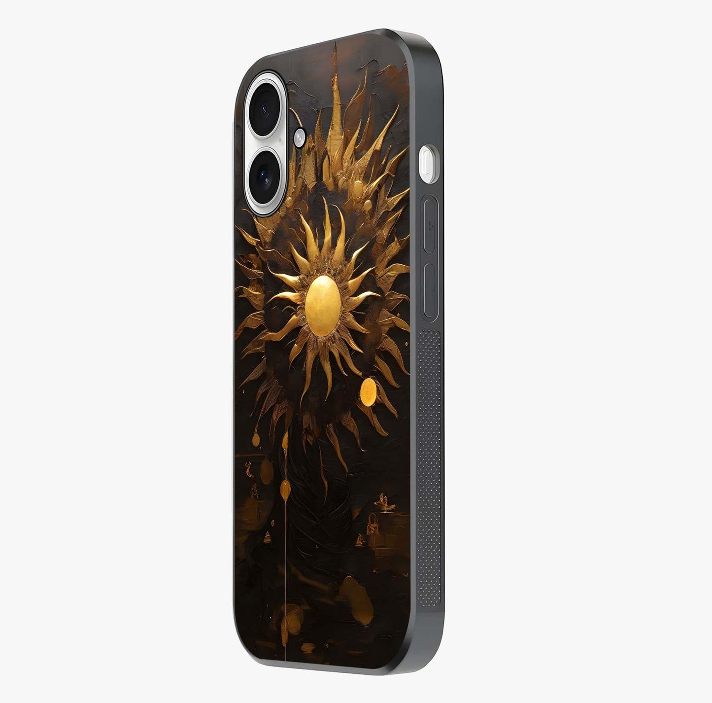 Golden Stallion Moonride Glass Case photographed in natural light showing reflective finish and design depth.