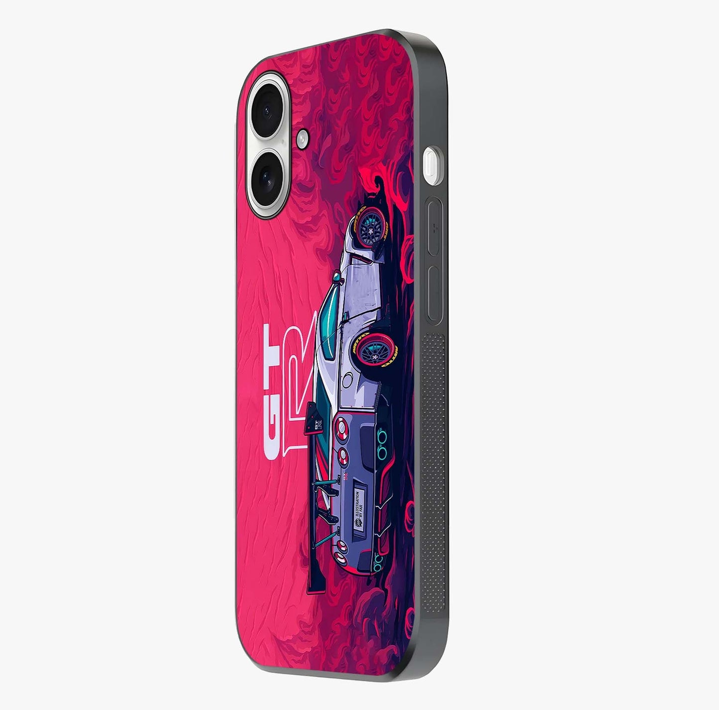 GT R Car Pattern Glass Case photographed in natural light showing reflective finish and design depth.