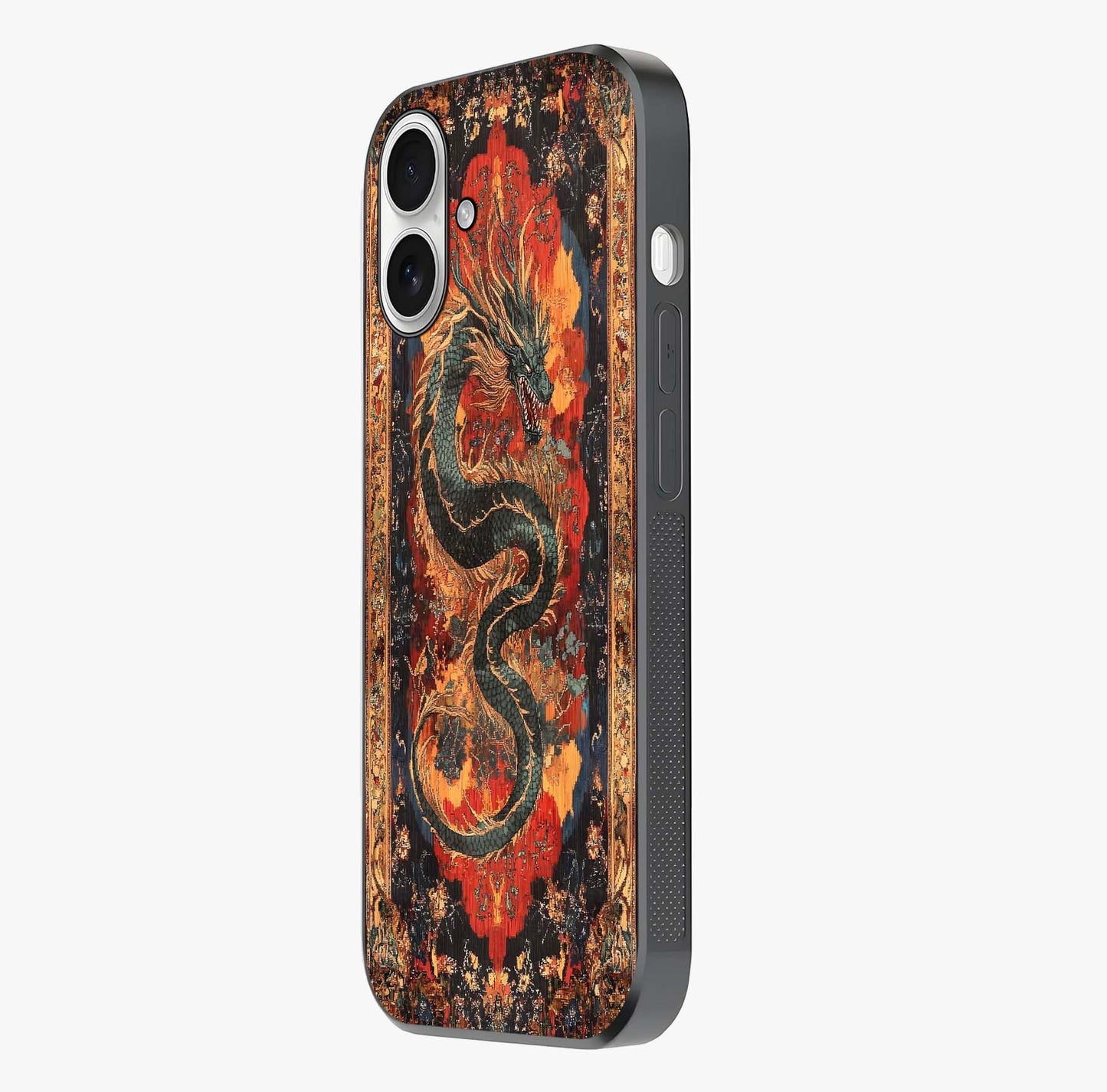 Inferno Dragon Soul Glass Case photographed in natural light showing reflective finish and design depth.