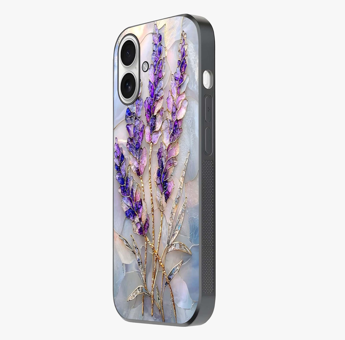 Lavender Dream Glow Glass Case photographed in natural light showing reflective finish and design depth.